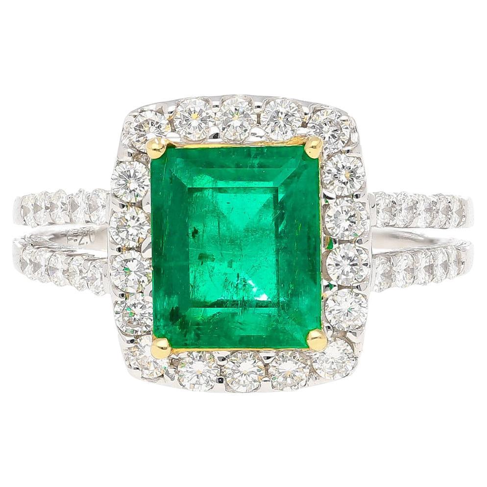 2,06 Karat Old Mine Muzo kolumbianischer Smaragd & Diamant Halo geteilter Schaft 18K Ring