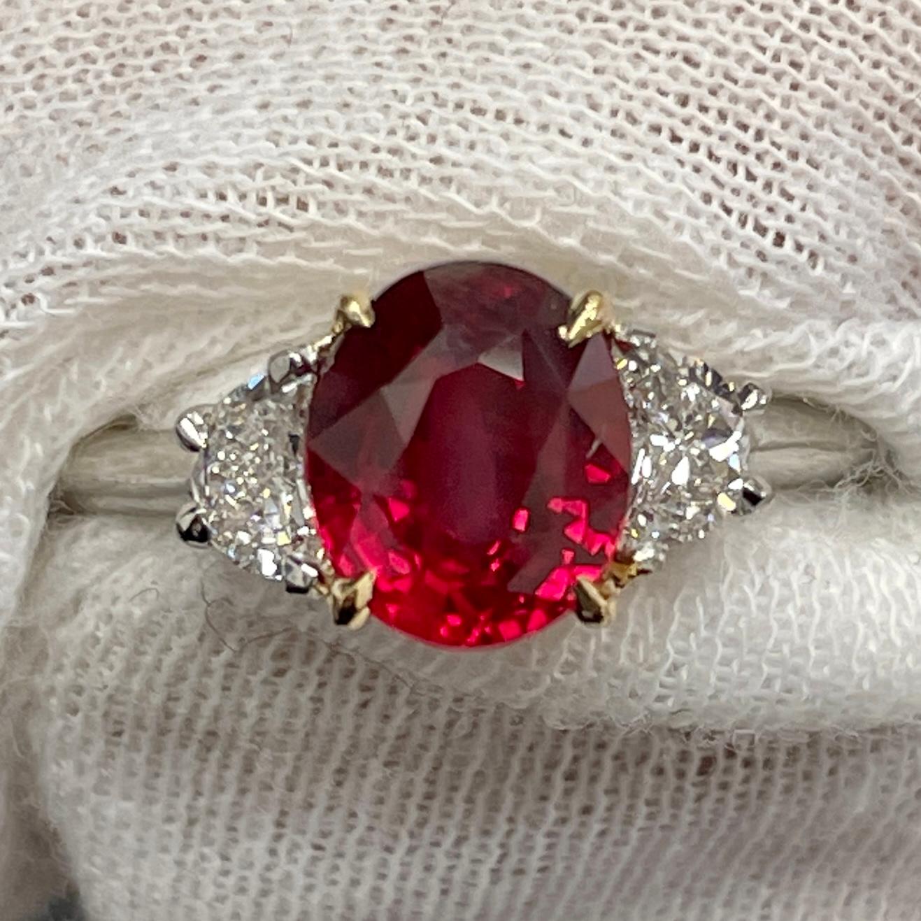 Oval Cut 2.06 Carat Oval Ruby & Diamond Platinum Ring with Yellow Gold Basket For Sale