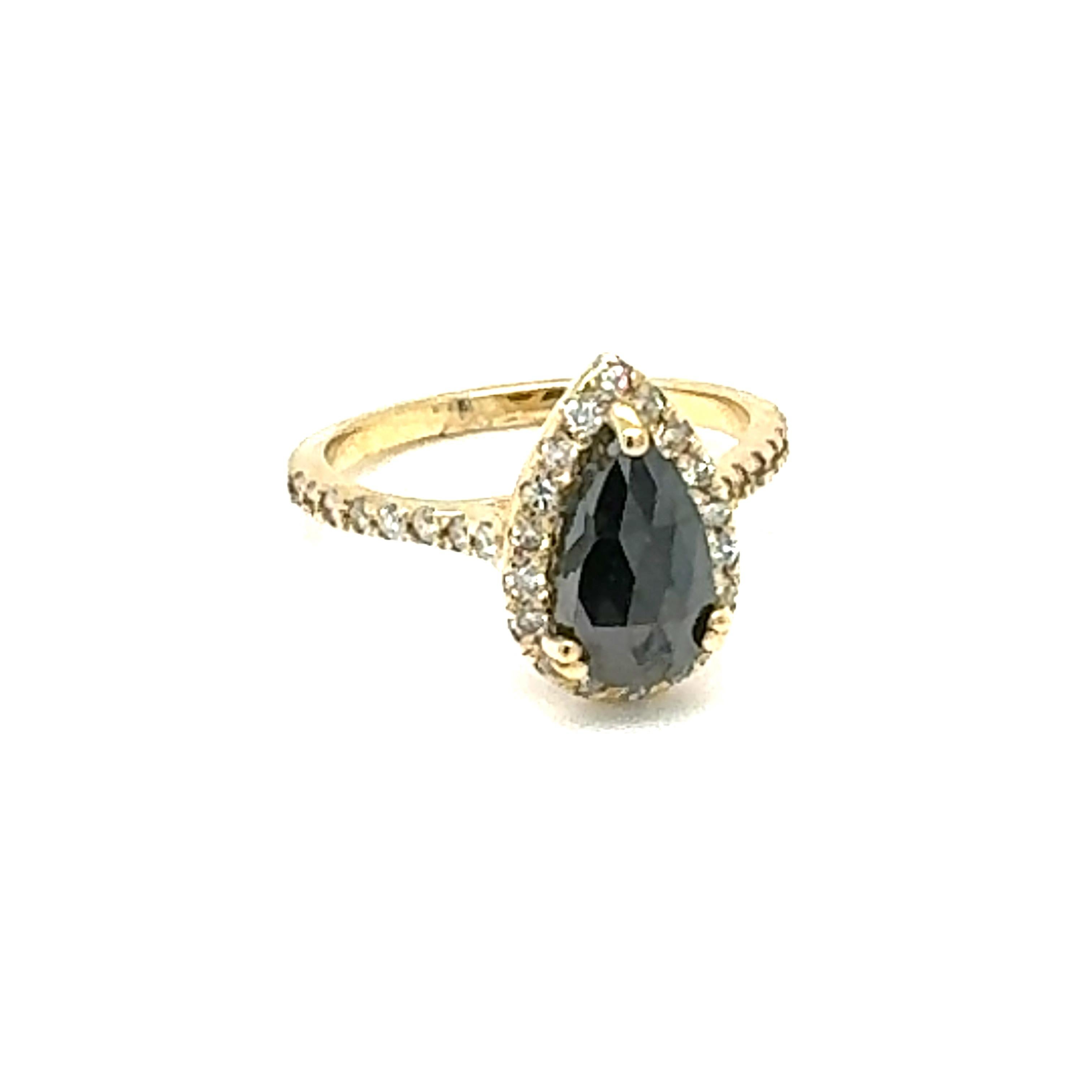 2.06 Carat Pear Cut Halo Black Diamond Yellow Gold Engagement Ring

There is a 1.65 Carat Pear Cut Black Diamond in the center on the ring which is surrounded by a Halo of  34 White Round Cut Diamonds that weigh 0.41 Carats (Clarity: VS, Color: H)  