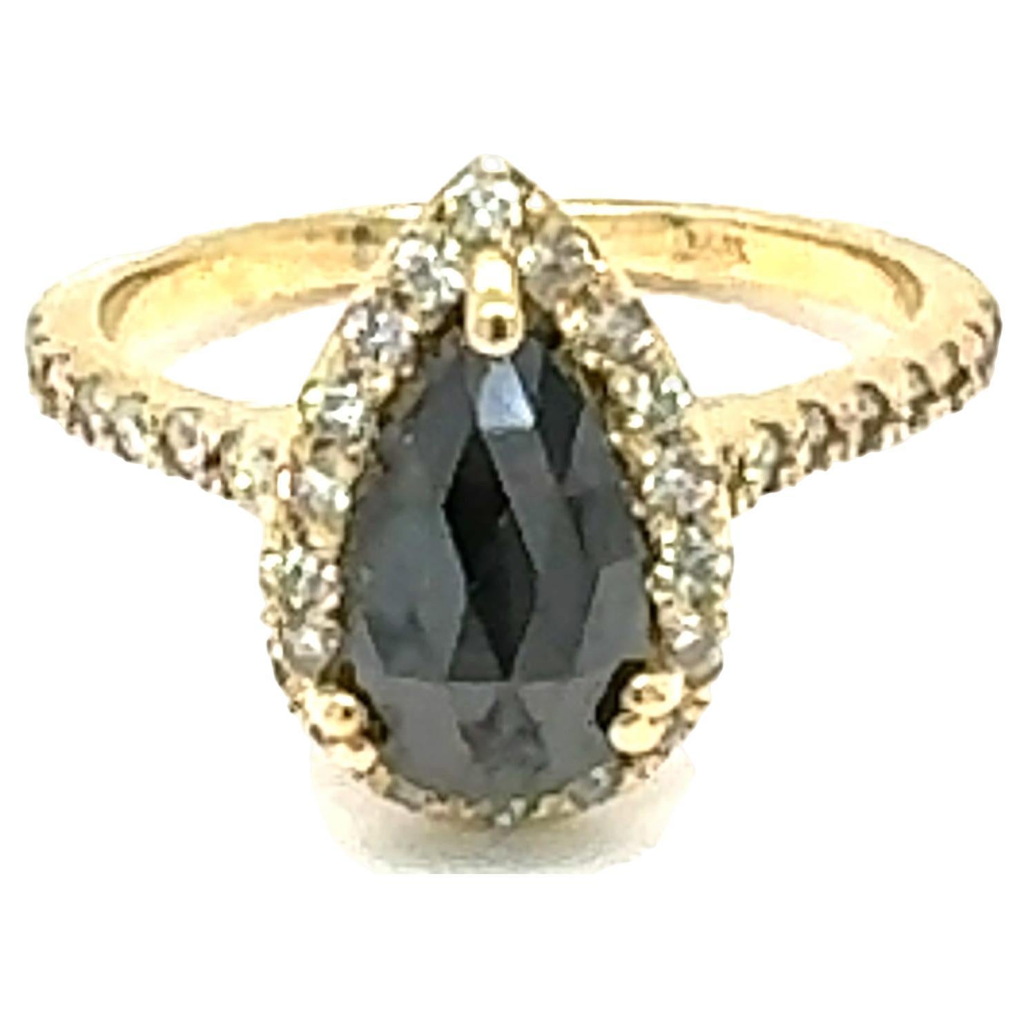 2.06 Carat Pear Cut Halo Black Diamond Yellow Gold Engagement Ring For Sale