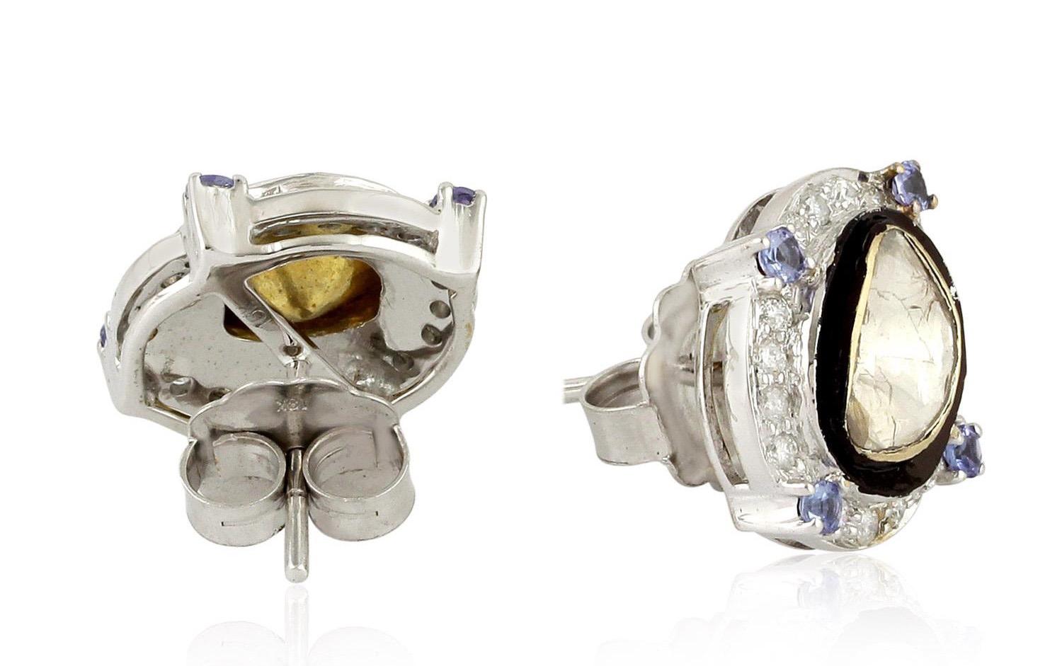 Modern 2.06 Carat Rose Cut Diamond Tanzanite 18 Karat Gold Stud Earrings For Sale