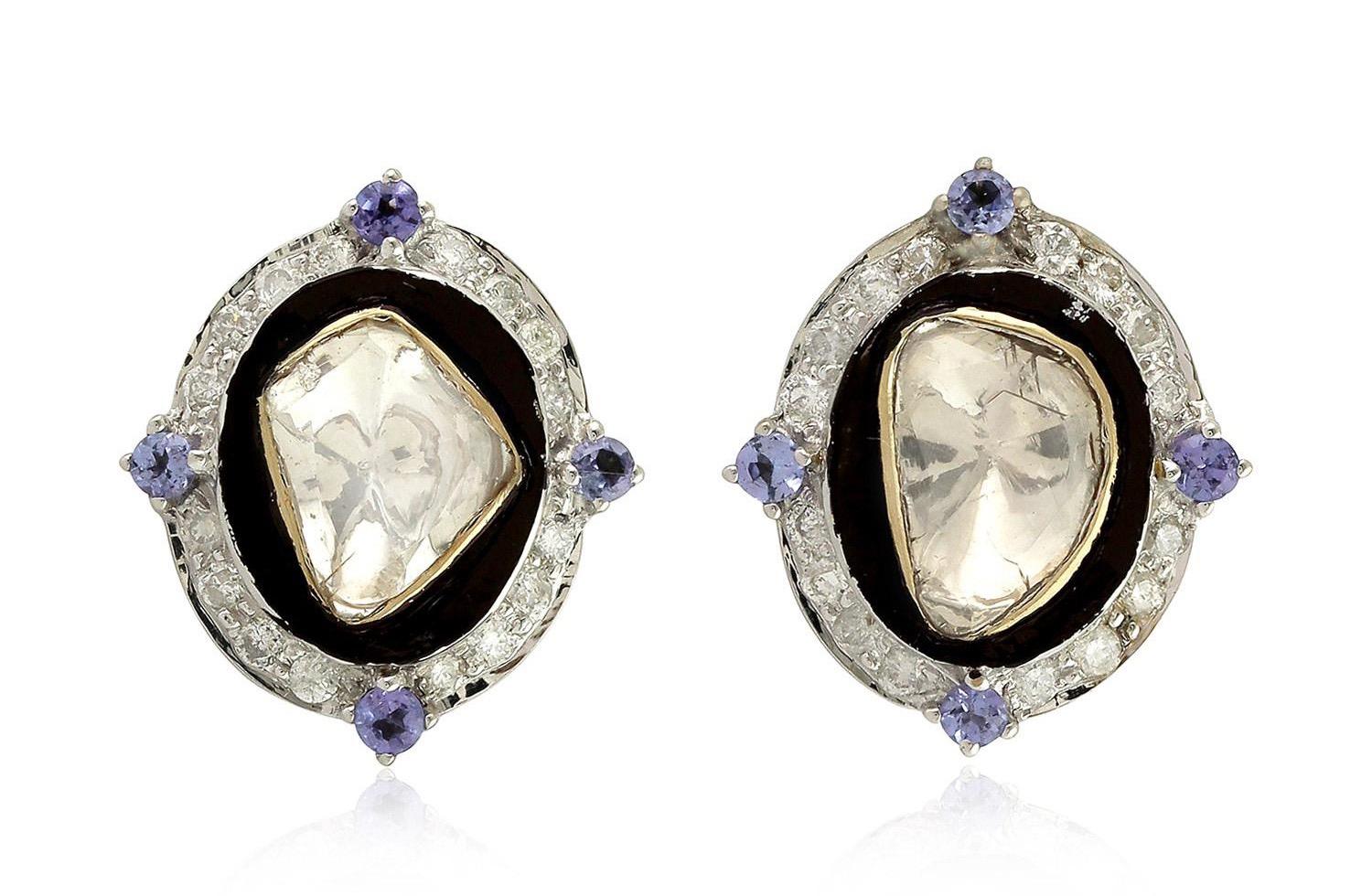 2.06 Carat Rose Cut Diamond Tanzanite 18 Karat Gold Stud Earrings In Excellent Condition For Sale In Hoffman Estate, IL