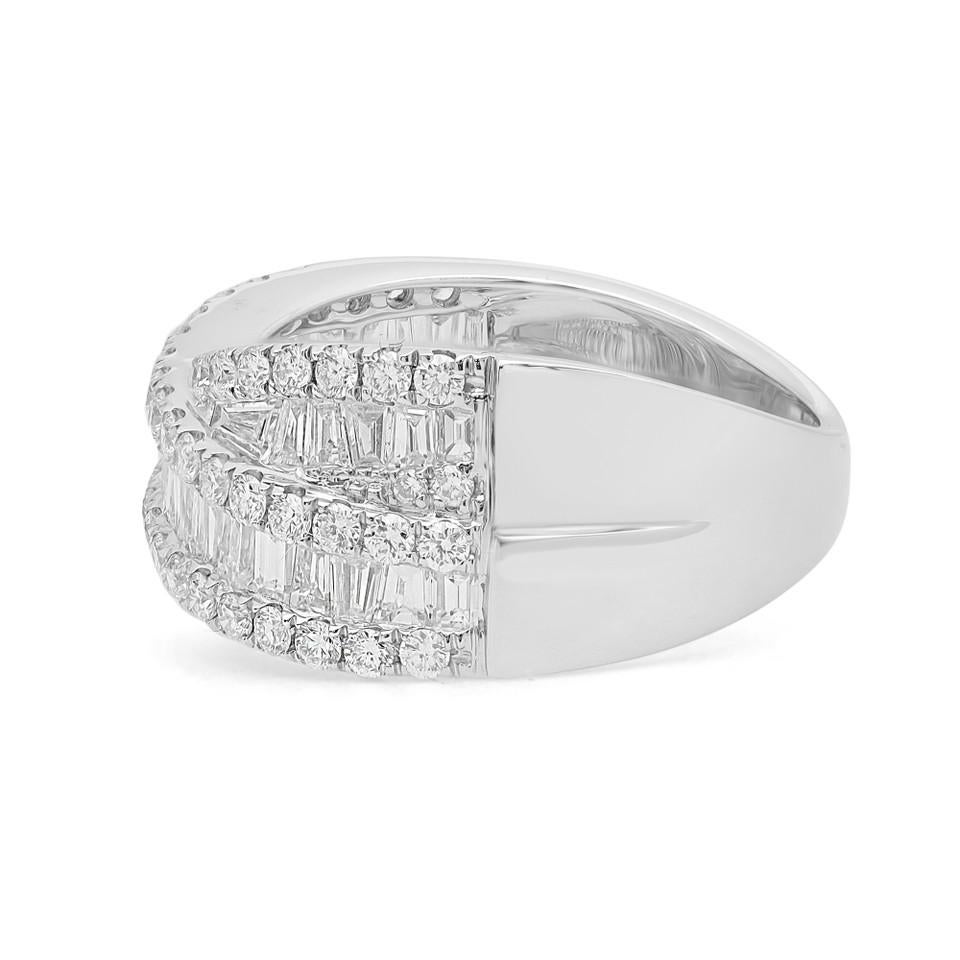 Modern 2.06 Carat Round and Baguette Diamond Crossover Fashion Ring 18K White Gold For Sale