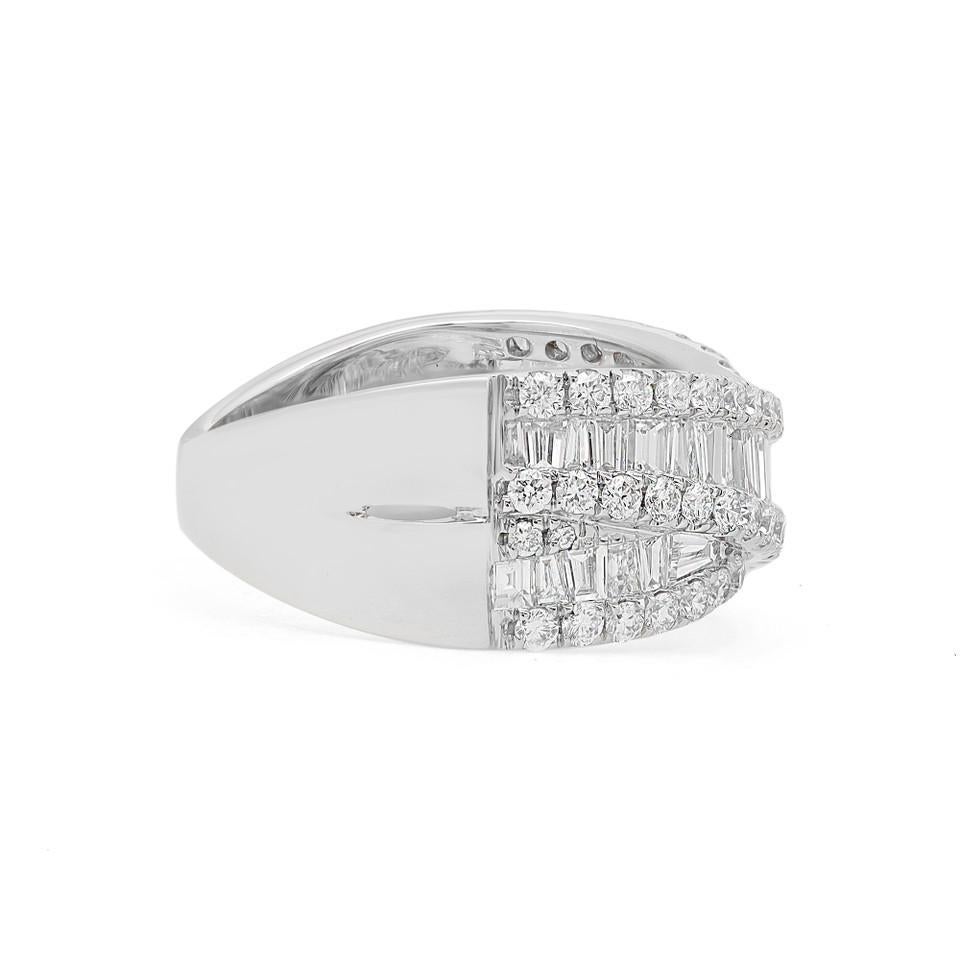 Baguette Cut 2.06 Carat Round and Baguette Diamond Crossover Fashion Ring 18K White Gold For Sale