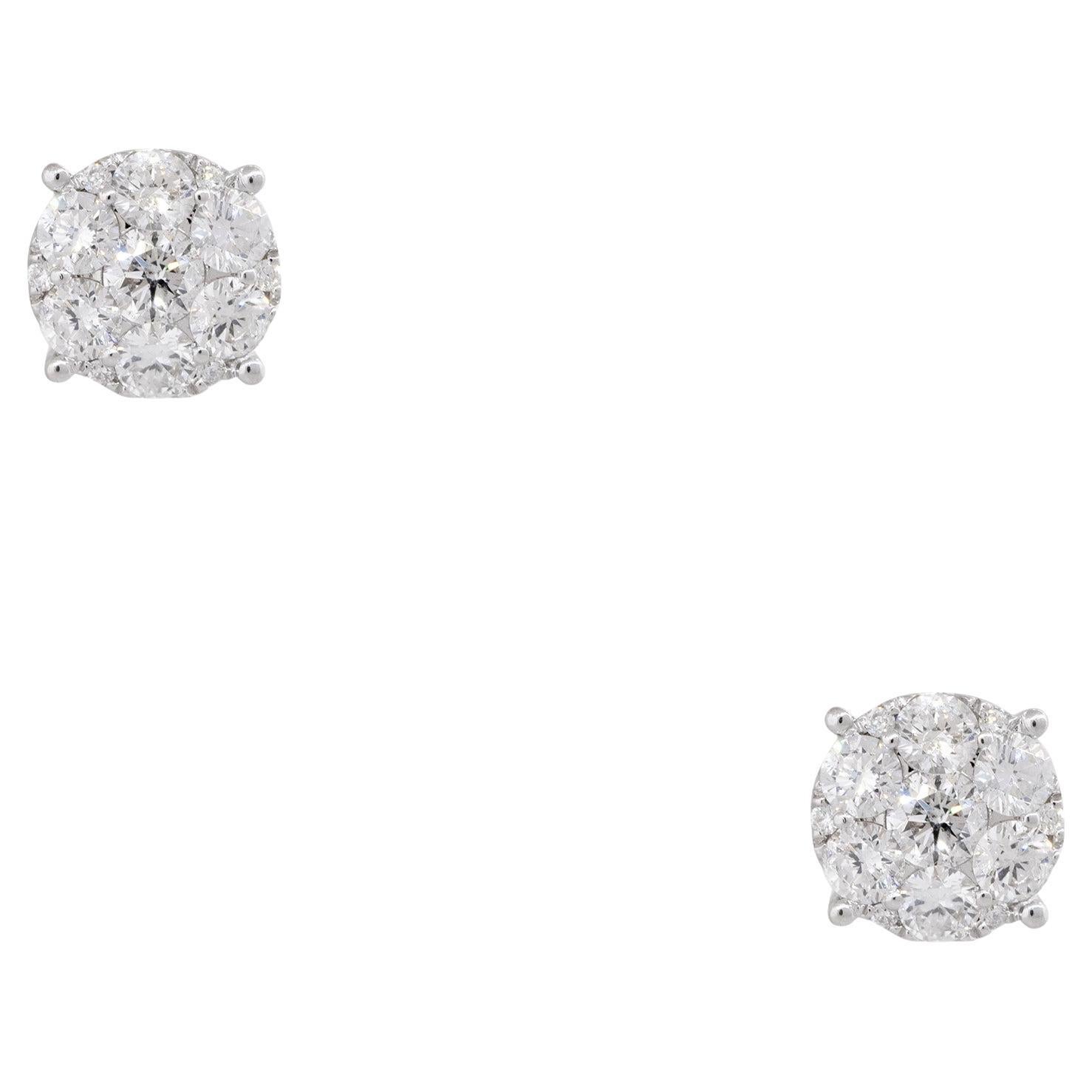 2.06 Carat Round Brilliant Cut Diamond Cluster Stud Earrings 14 Karat In Stock