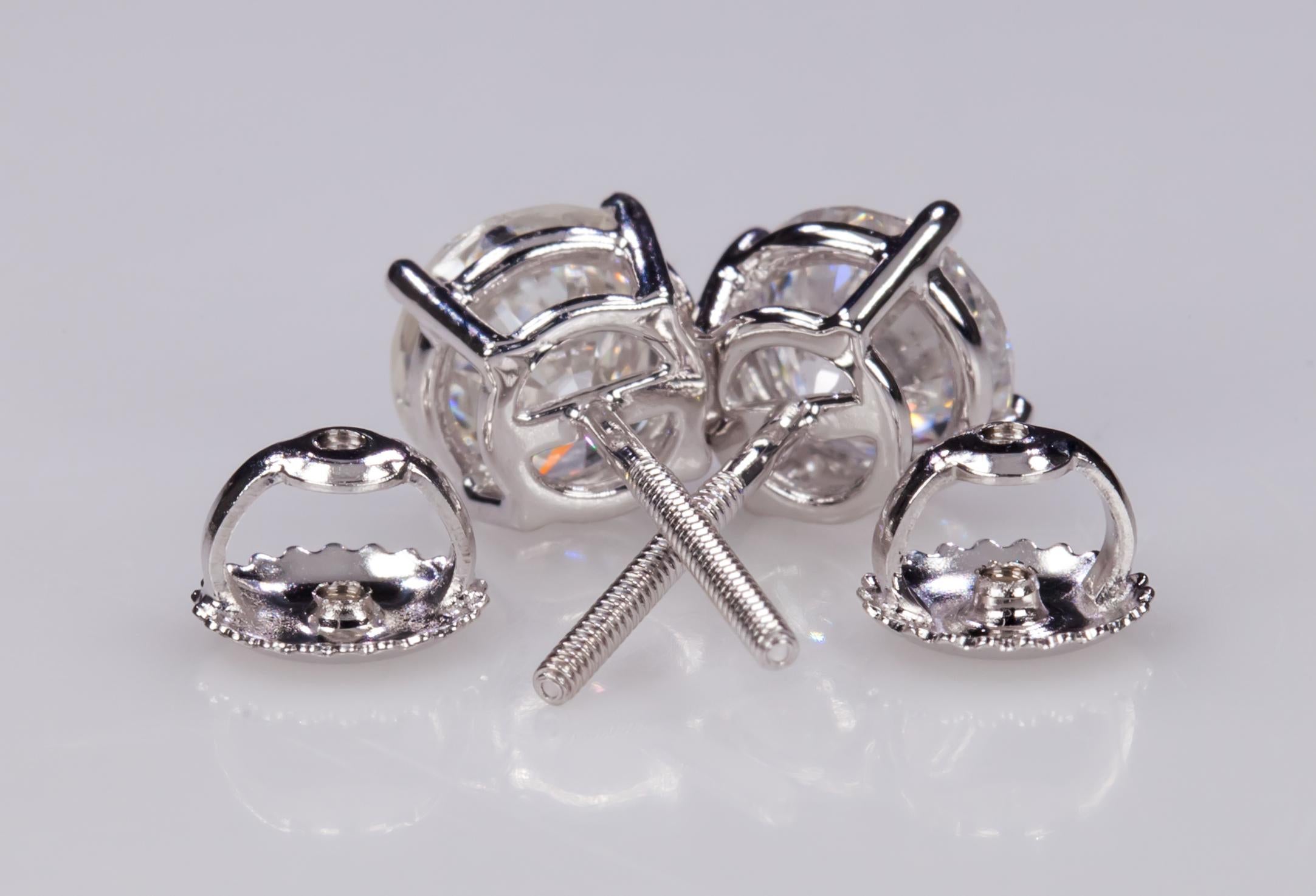 Modern 2.06 Carat Round Diamond Stud Four Prong Earrings in 14 Karat White Gold G-H/SI1