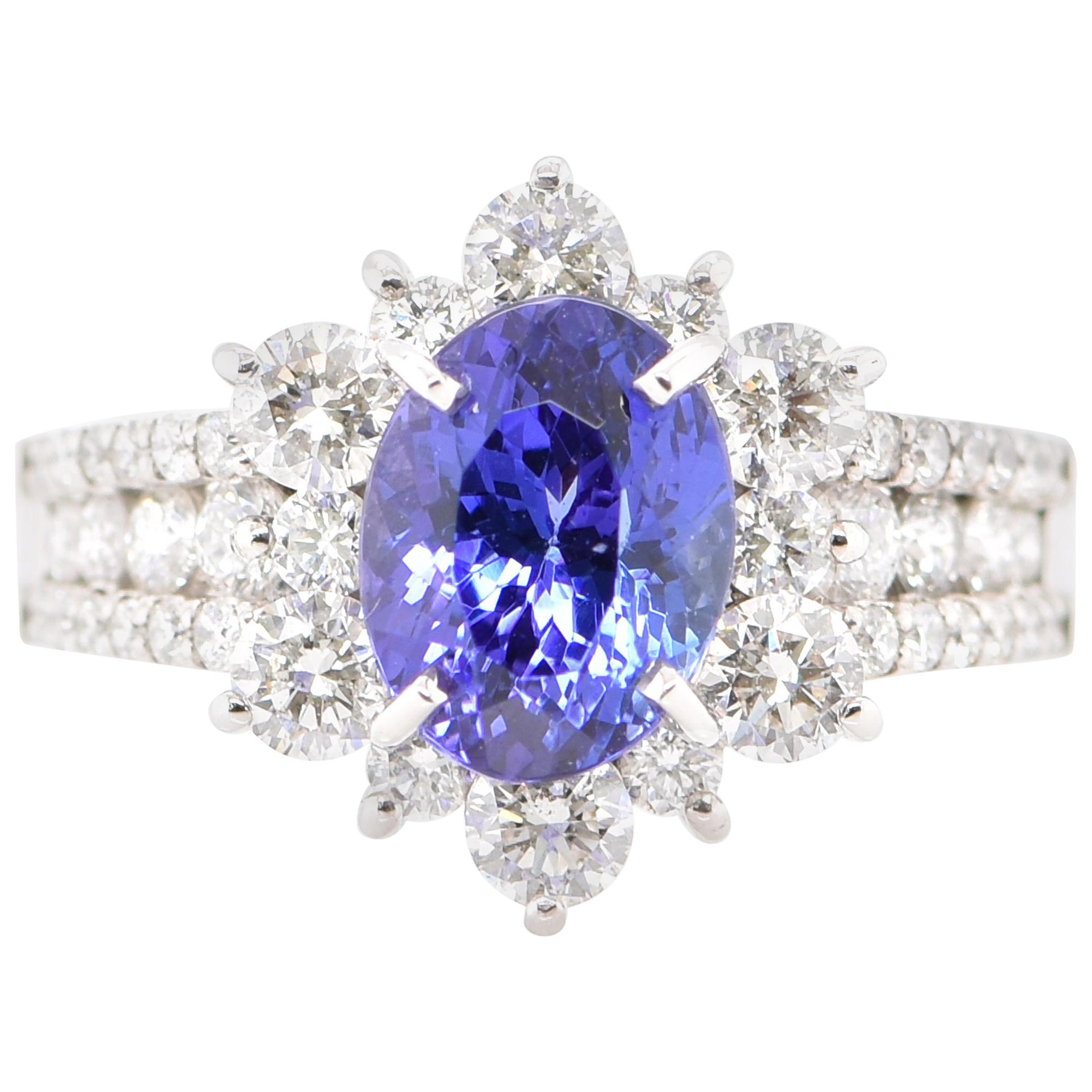 2.06 Carat Tanzanite and Diamond Halo Ring Set in Platinum