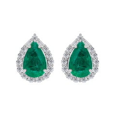 2.06 Ct Pear Emerald & 0.60 Ct Diamond Halo Earrings in 18K White Gold