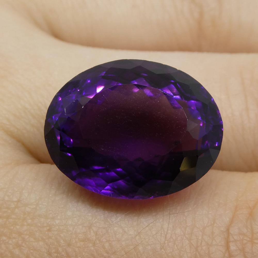 Description:

Gem Type: Amethyst
Number of Stones: 1
Weight: 20.6 cts
Measurements: 18.50x14.80x11.5 mm
Shape: Oval
Cutting Style Crown: Modified Brilliant
Cutting Style Pavilion: Modified Brilliant
Transparency: Transparent
Clarity: Very Slightly