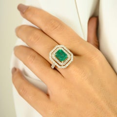 2.06 Ct Zambian Emerald and Double Halo Diamond Cocktail Ring in 18K Yellow Gold