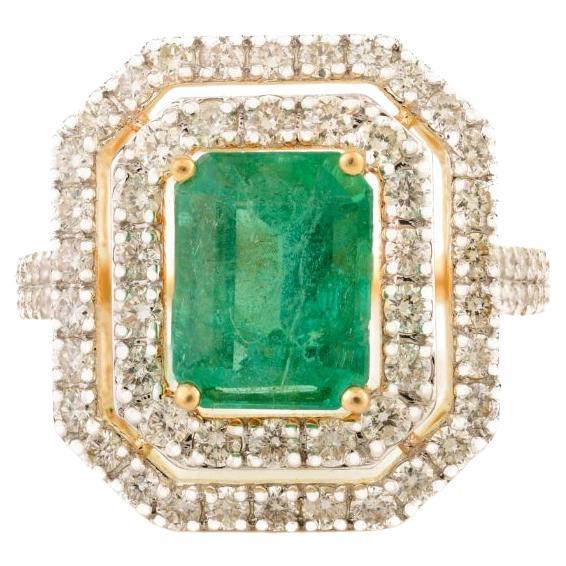 2.06 Ct Zambian Emerald and Double Halo Diamond Cocktail Ring in 18K Yellow Gold