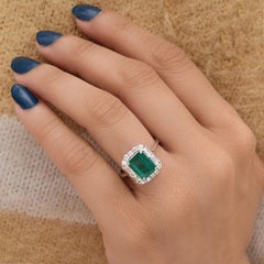 2.06 Ct Zambian Emerald Diamond Halo 14k White Gold Birthstone Wedding Ring