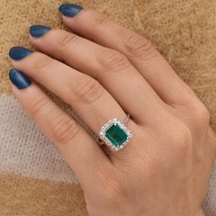 2.06 Ct Zambian Emerald Diamond Halo 18k White Gold Birthstone Wedding Ring