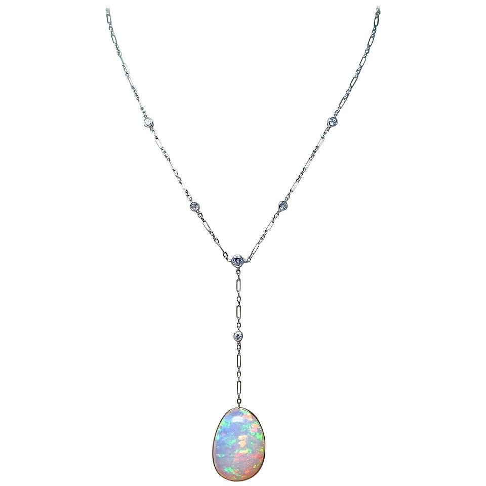 20.60 Carat Cabochon Opal Diamond Gold Platinum Drop Necklace 3