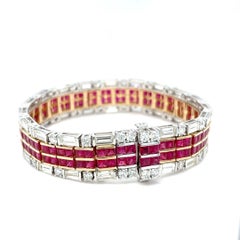 20.60 Carat Ruby 16.16 Carat Diamond Two Tone 14K Gold Deco Style Bracelet