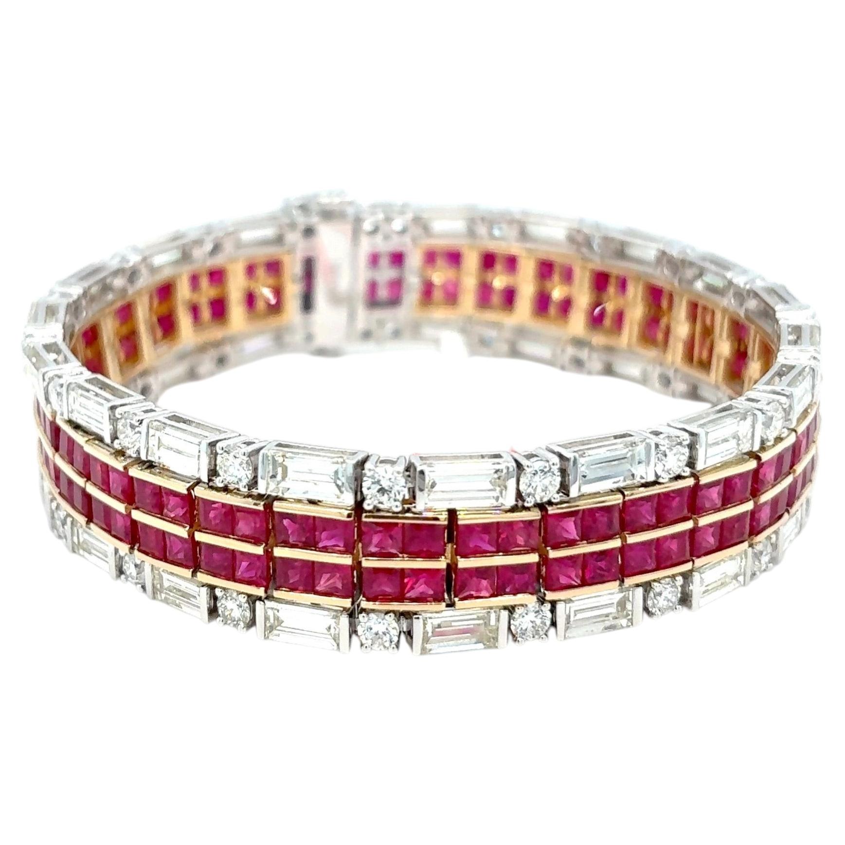 20.60 Carat Ruby 16.16 Carat Diamond Two Tone 14K Gold Deco Style Bracelet