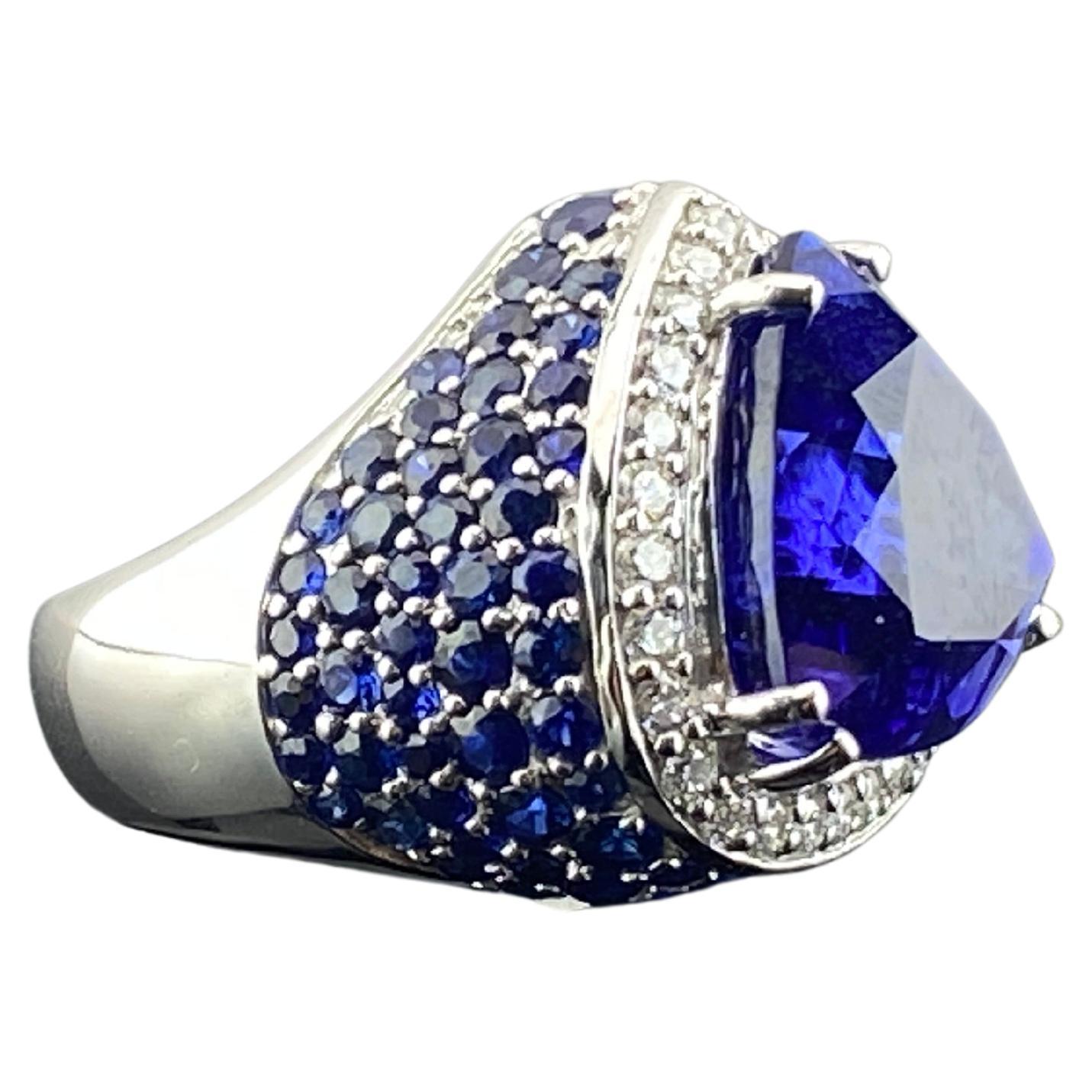 20.60 Carat Tanzanite and Blue Sapphire Cocktail Ring For Sale