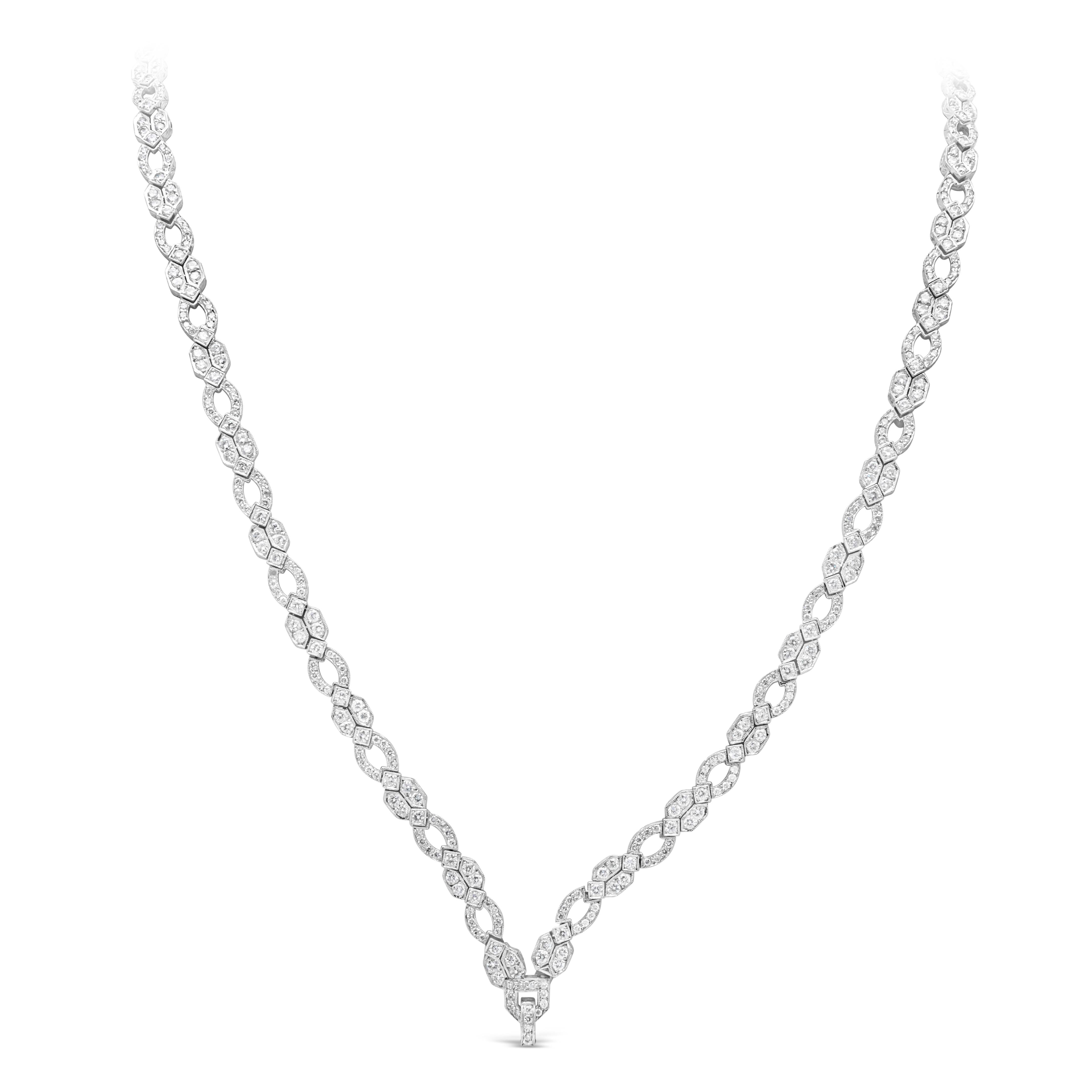 A unique necklace showcasing 20.60 carats of round diamonds, set in an antique-looking design. The necklace is unique and versatile as it can collapse into 4 separate bracelets. Made in polish platinum. Necklace total length is 27 inches.

