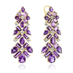 20.61 Cts Multi-Shape Amethyst & Diamond Rounds 18K Yellow Gold Dangle Earrings