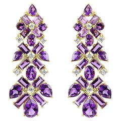 20.61 Cts Multi-Shape Amethyst & Diamond Rounds 18K Yellow Gold Dangle Earrings