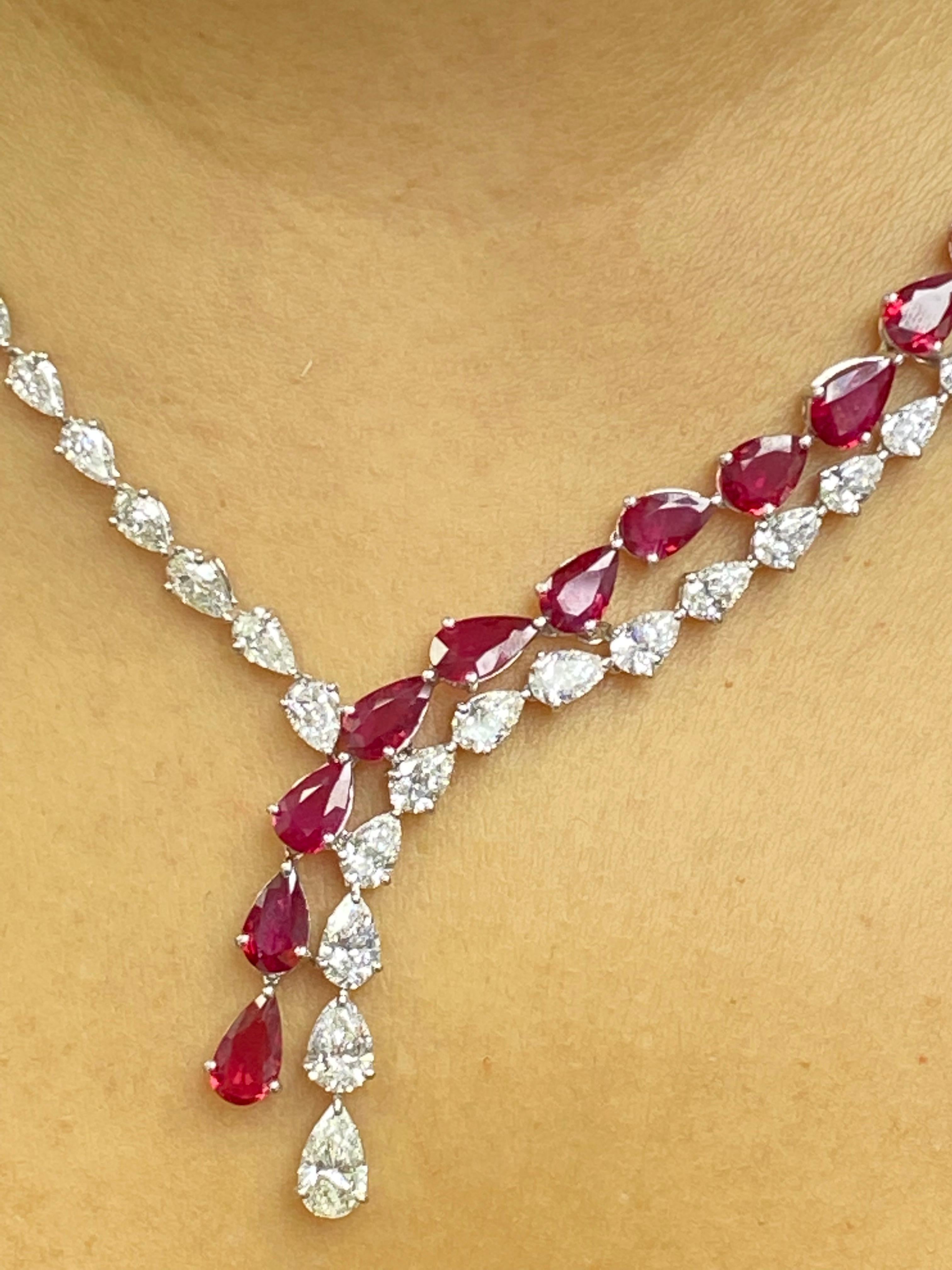 Certified 20.62 Carat Pear Shape Ruby and Diamond Drop Necklace in Platinum For Sale 1