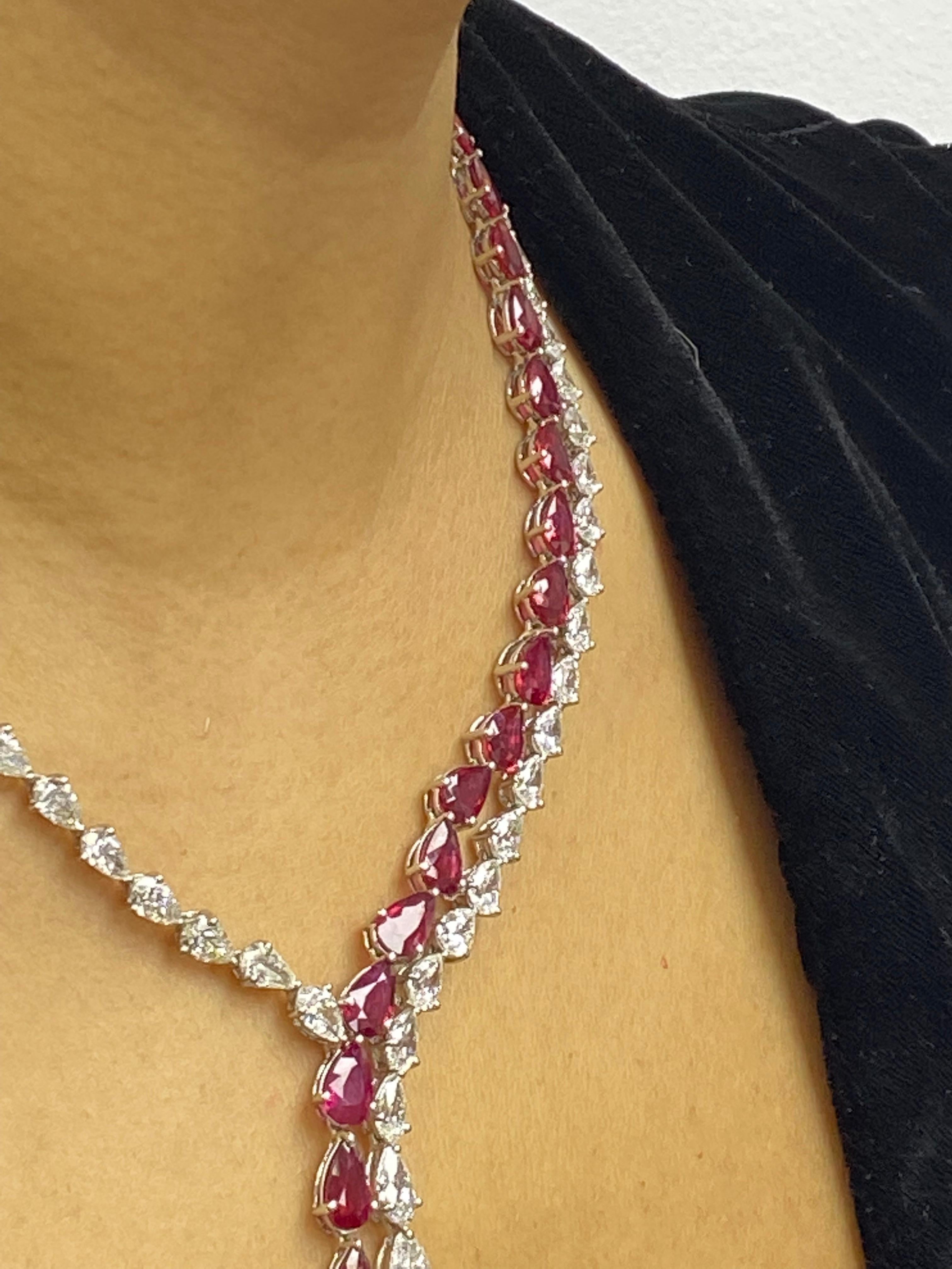 Certified 20.62 Carat Pear Shape Ruby and Diamond Drop Necklace in Platinum For Sale 3