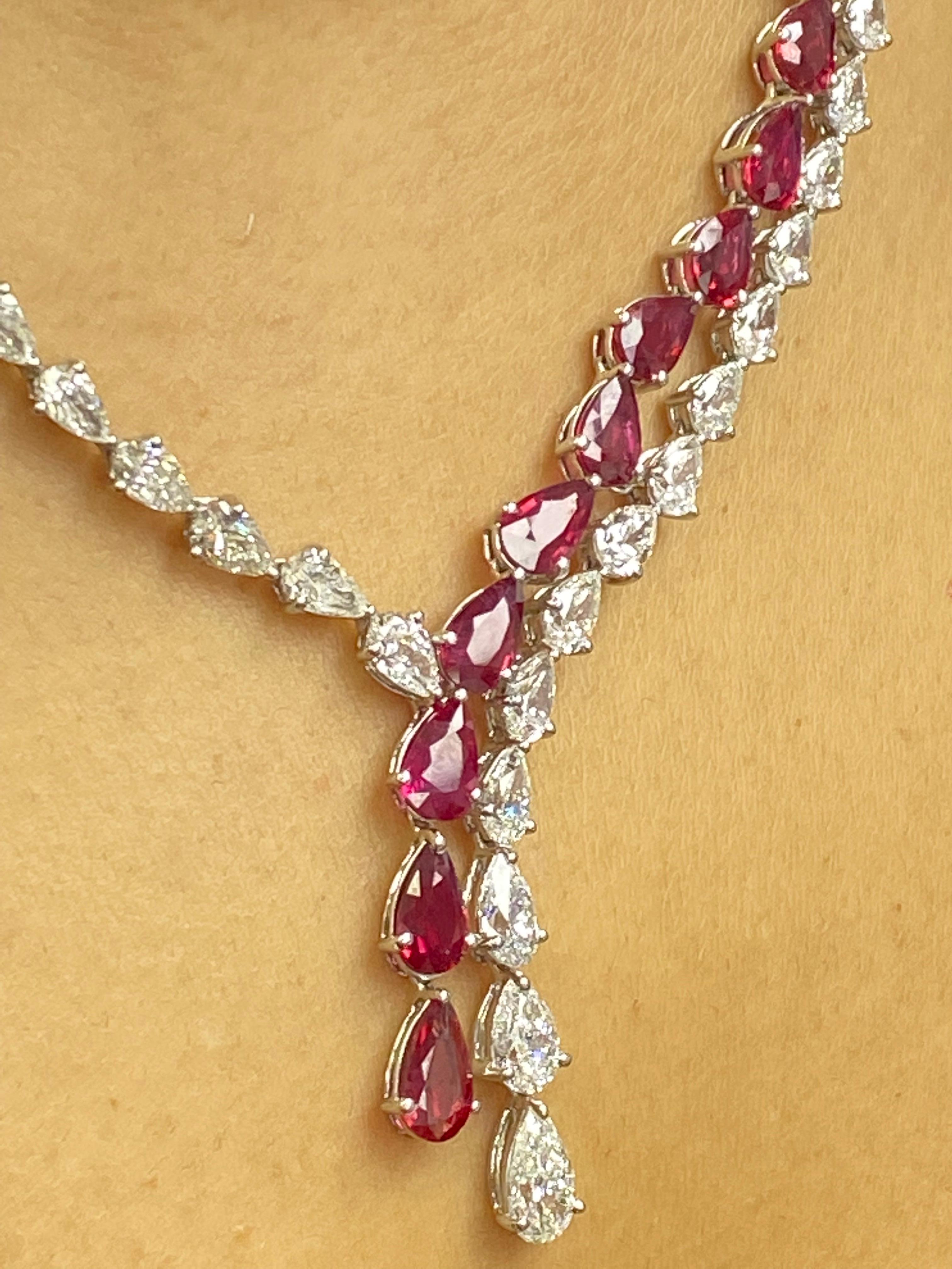 Certified 20.62 Carat Pear Shape Ruby and Diamond Drop Necklace in Platinum For Sale 4