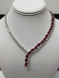 Certified 20.62 Carat Pear Shape Ruby and Diamond Drop Necklace in Platinum