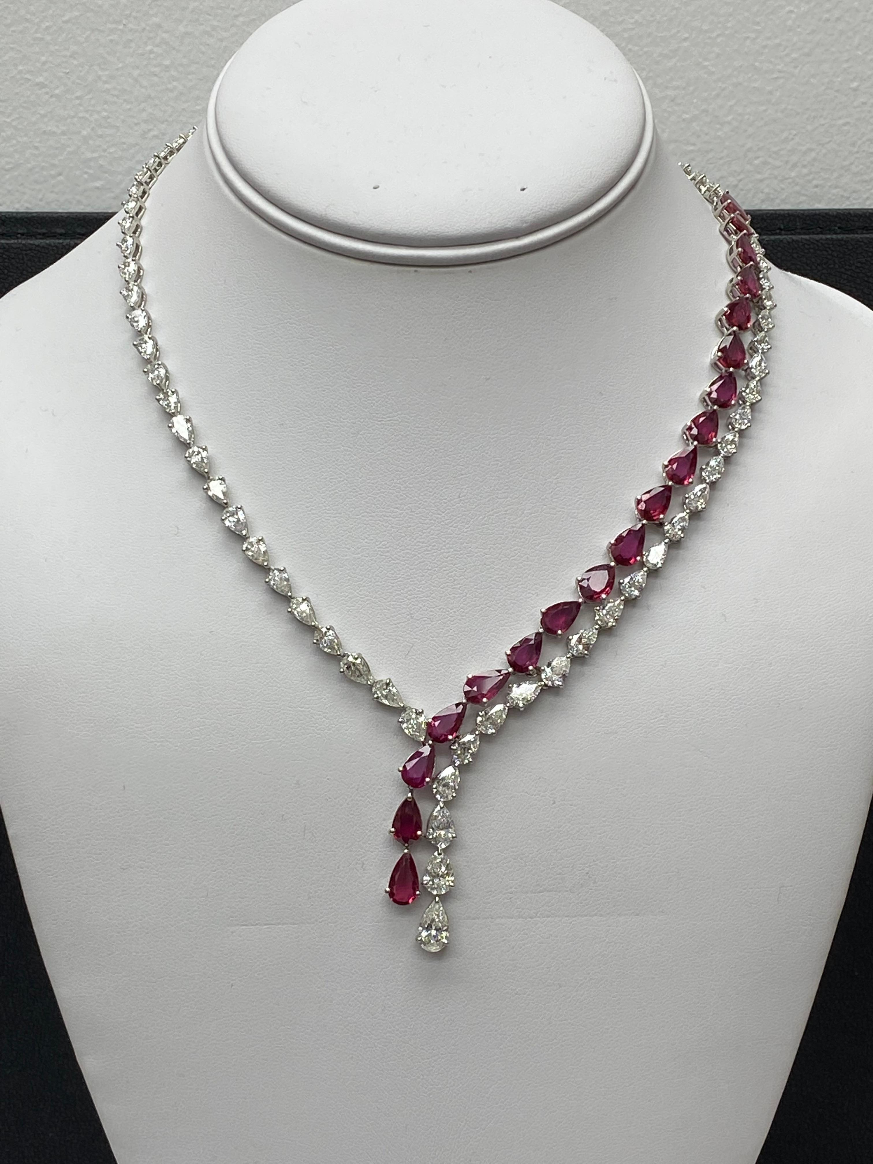 Pear Cut Certified 20.62 Carat Pear Shape Ruby and Diamond Drop Necklace in Platinum For Sale