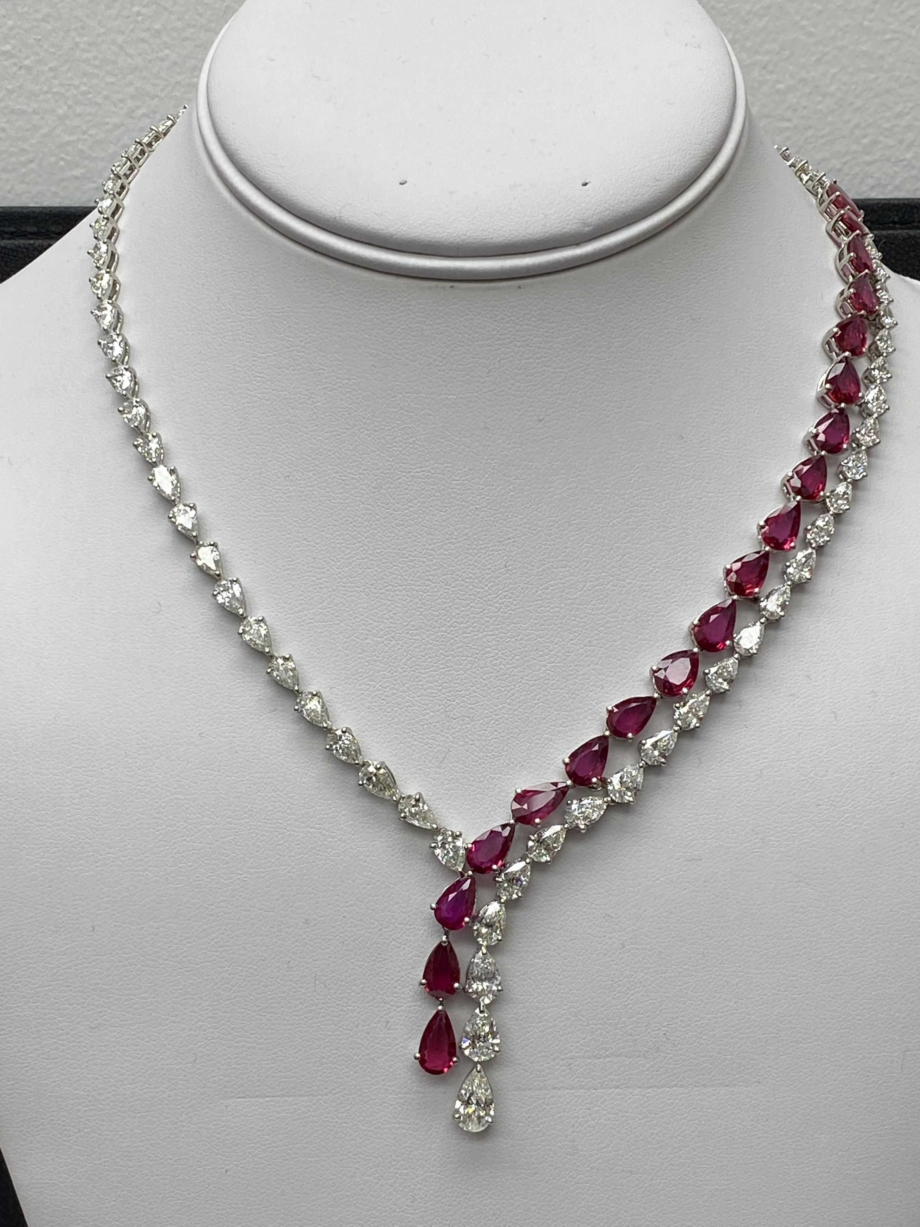 Certified 20.62 Carat Pear Shape Ruby and Diamond Drop Necklace in Platinum In New Condition For Sale In NEW YORK, NY