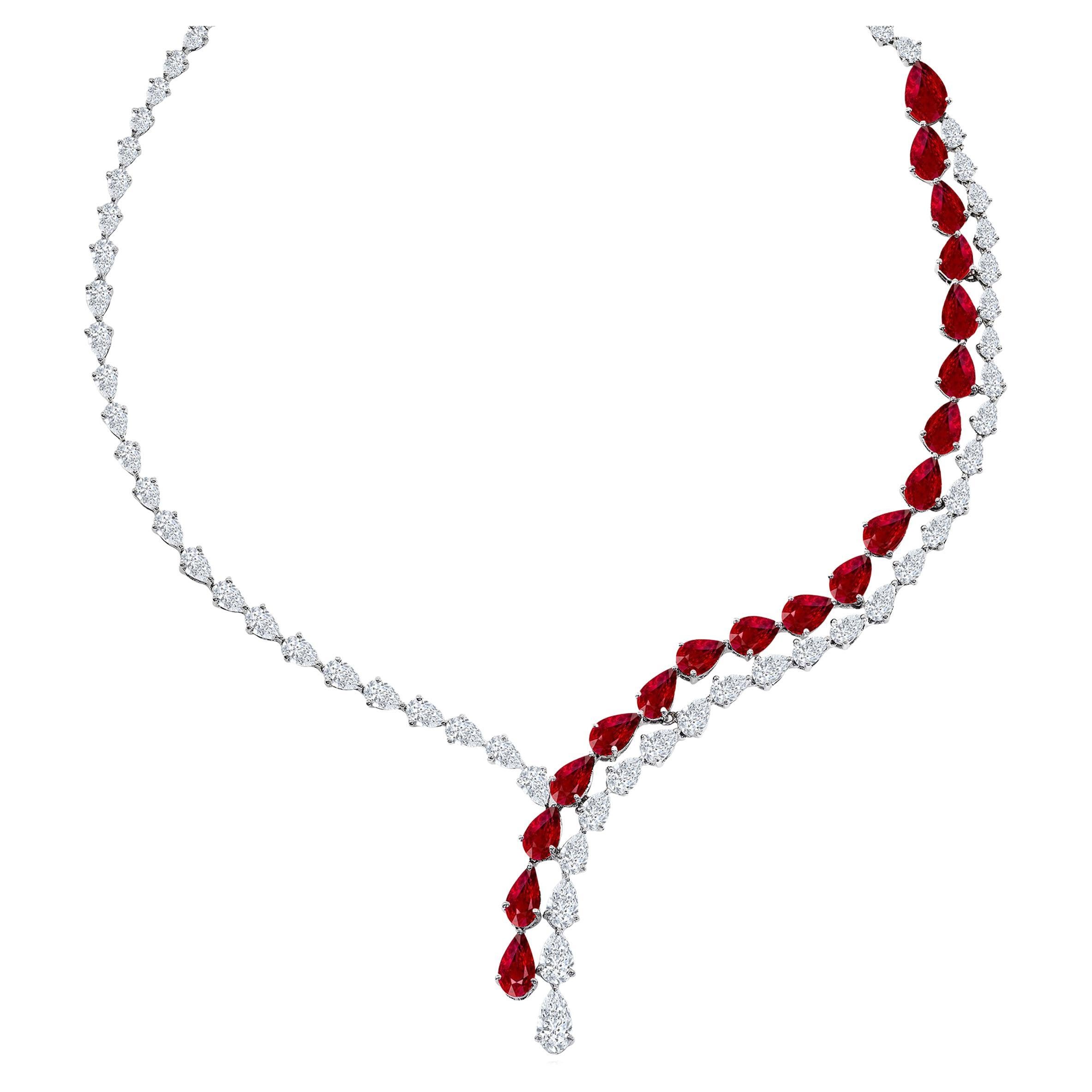 Certified 20.62 Carat Pear Shape Ruby and Diamond Drop Necklace in Platinum For Sale