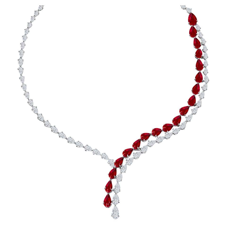 Certified 20.62 Carat Pear Shape Ruby and Diamond Drop Necklace in ...