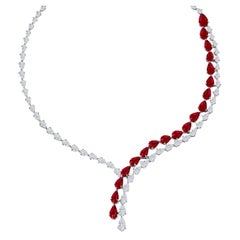 Certified 20.62 Carat Pear Shape Ruby and Diamond Drop Necklace in Platinum