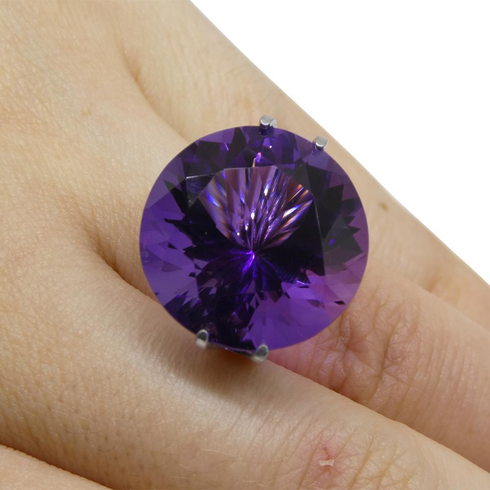 Description:

Gem Type: Amethyst
Number of Stones: 1
Weight: 20.62 cts
Measurements: 18.66 x 18.76 x 12.37 mm
Shape: Round
Cutting Style:
Cutting Style Crown: Brilliant
Cutting Style Pavilion:
Transparency: Transparent
Clarity: Very Very Slightly