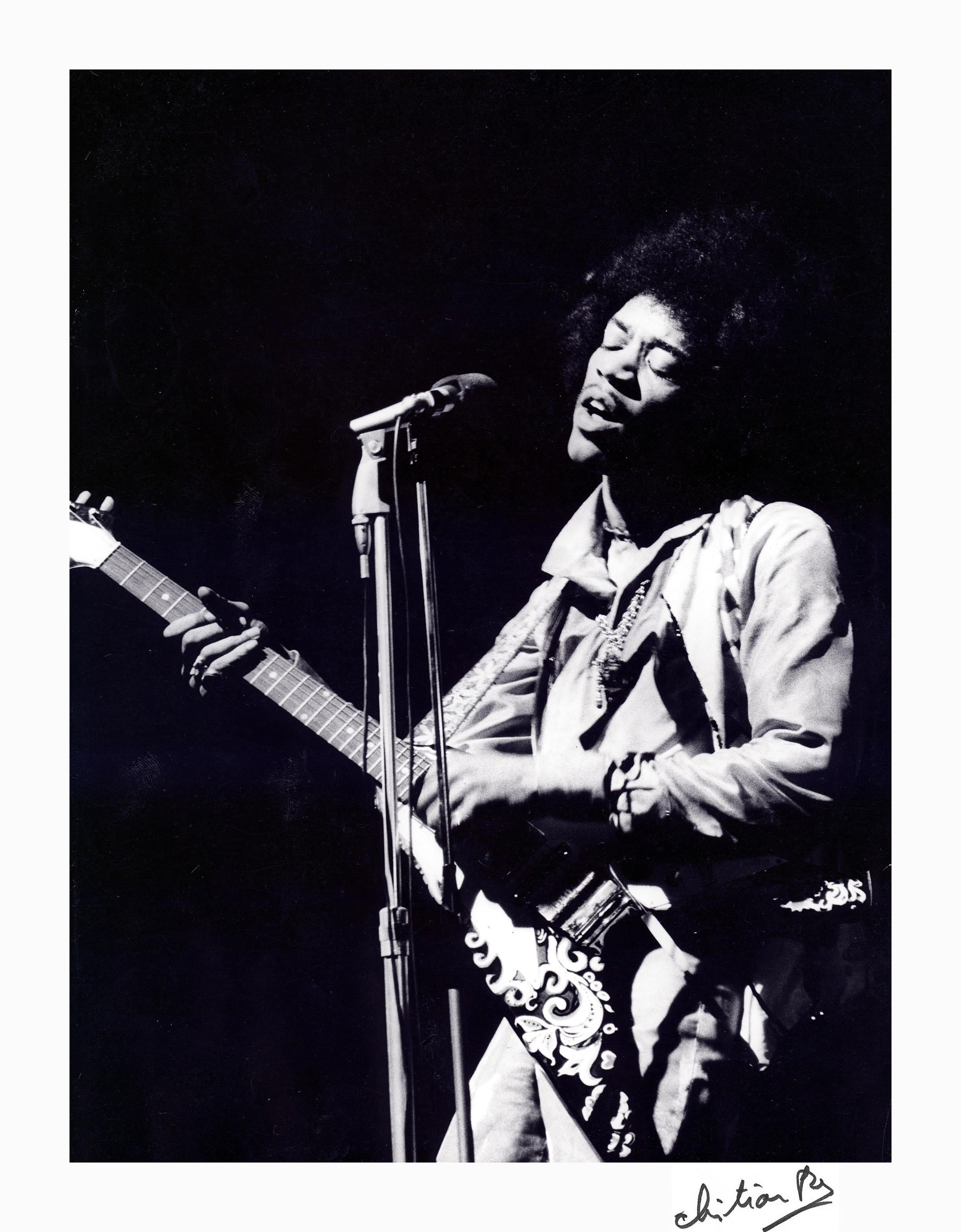 Christian Rose Portrait Print - Jimi Hendrix Paris Olympia Rock flying V Gibson 1967 Photography Black and White