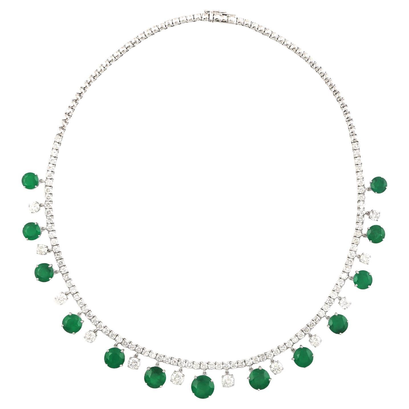 20.68 Carat Emerald 14 Karat White Gold Diamond Choker Necklace For Sale