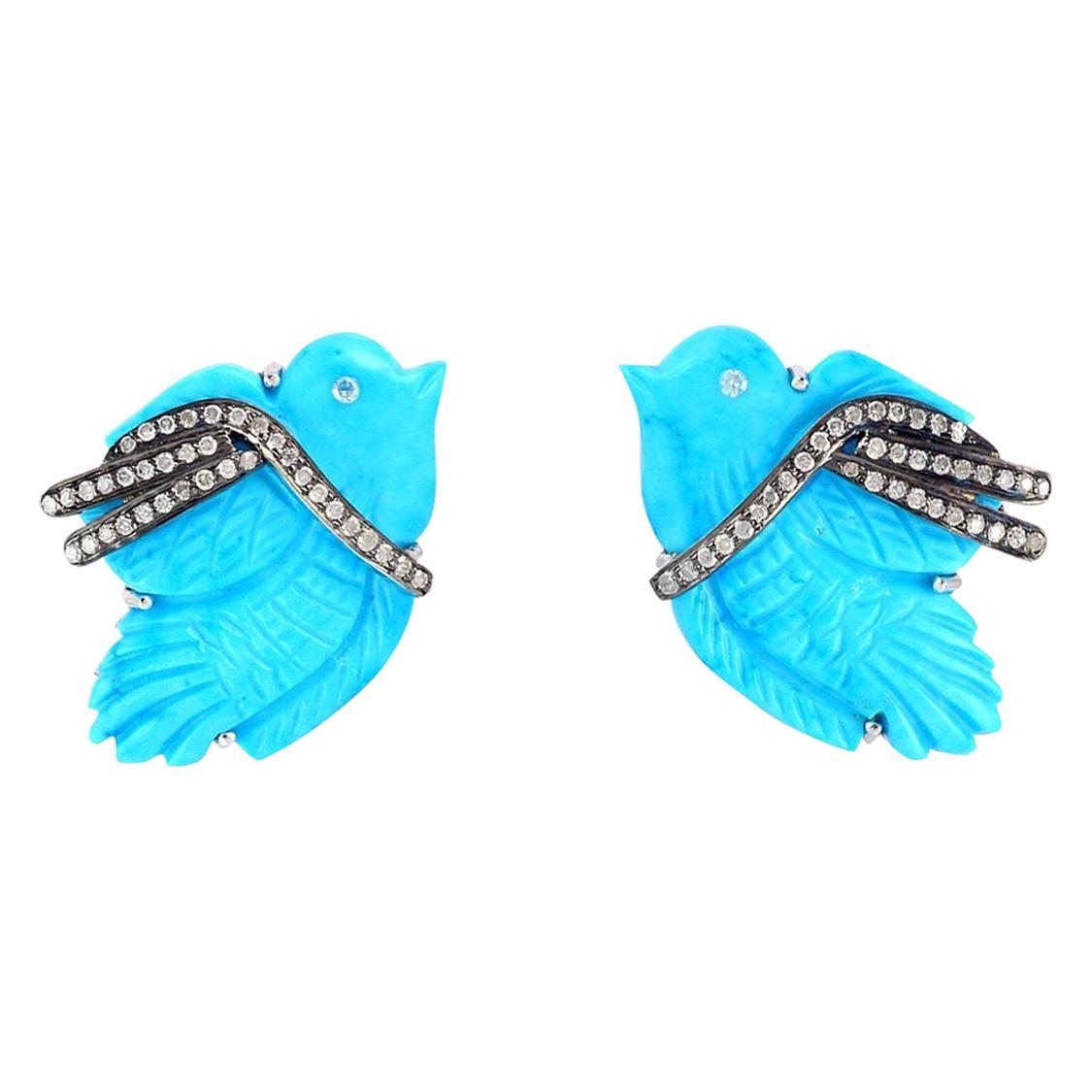 20.69 Carat Carved Turquoise Diamond Bird Stud Earrings For Sale