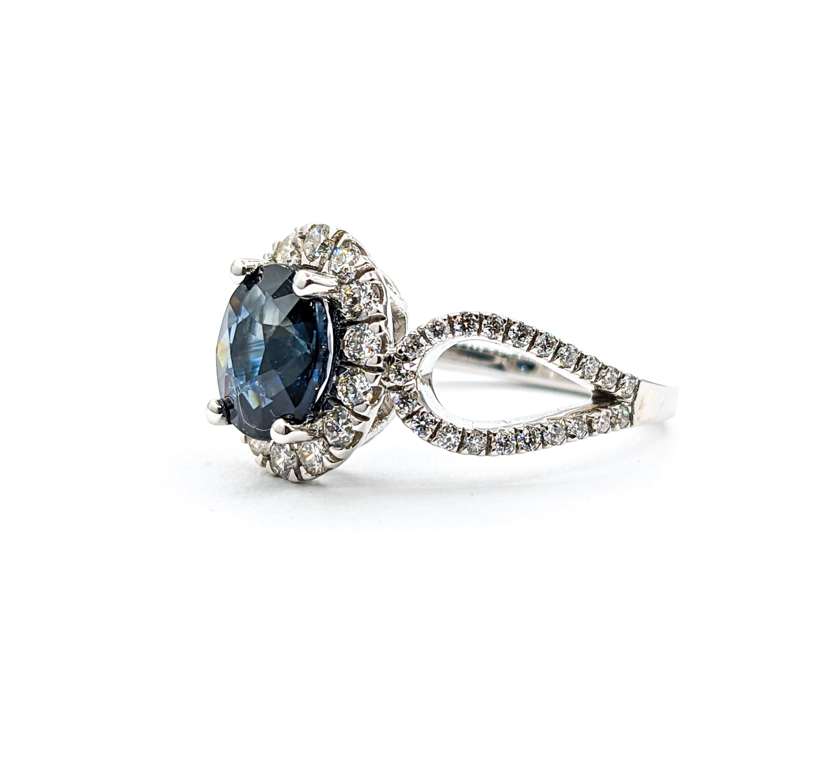 2.06ct Oval Blue Sapphire & Diamond Halo Ring In White Gold For Sale 4