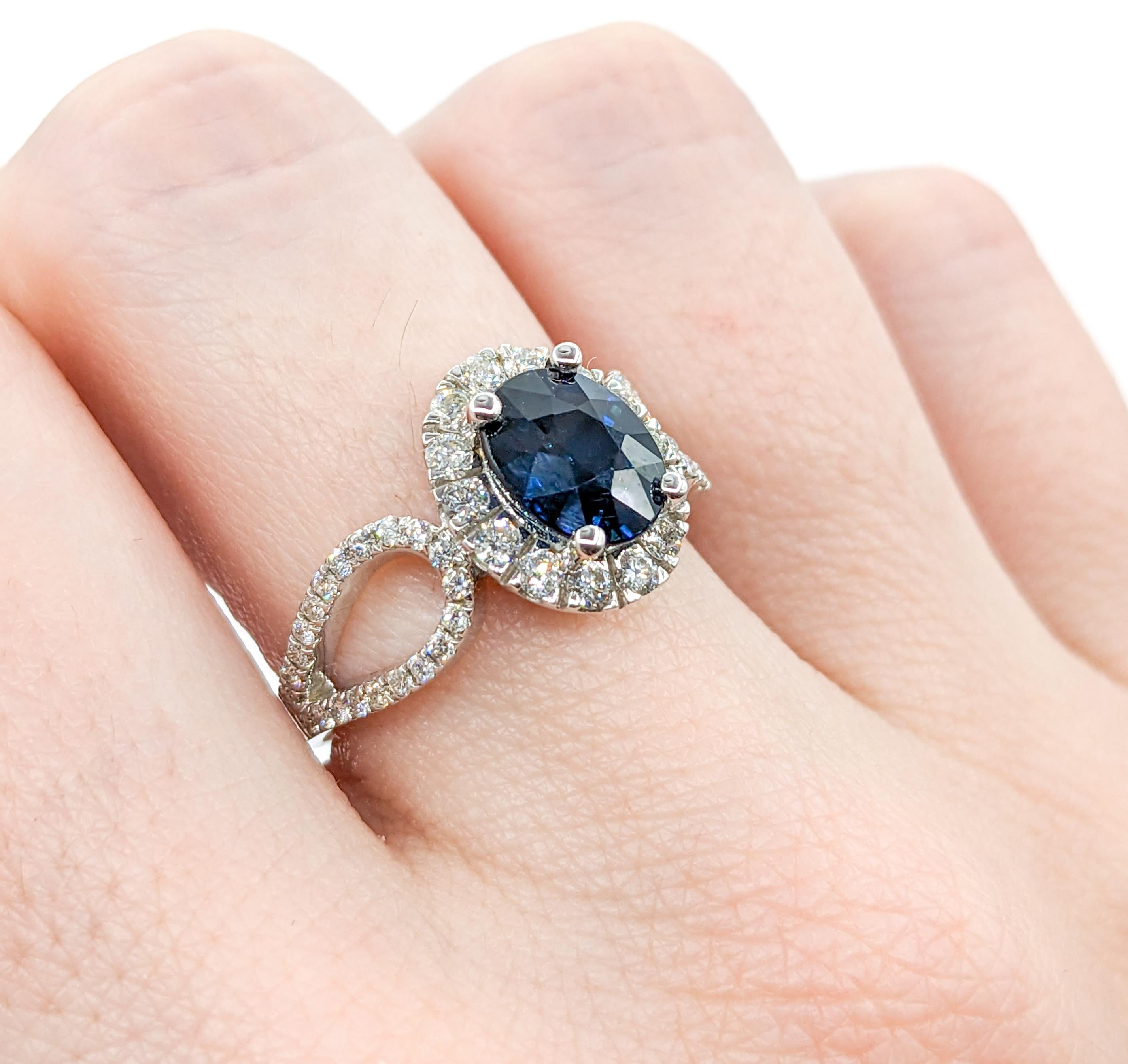 Round Cut 2.06ct Oval Blue Sapphire & Diamond Halo Ring In White Gold For Sale