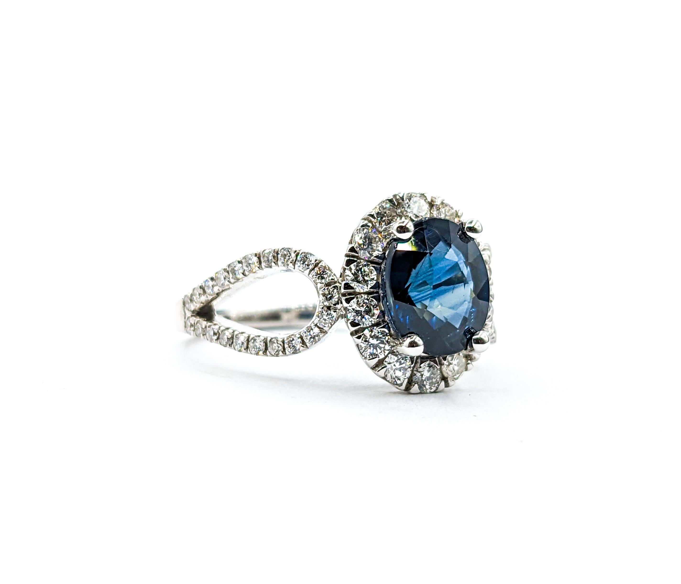 Women's 2.06ct Oval Blue Sapphire & Diamond Halo Ring In White Gold For Sale