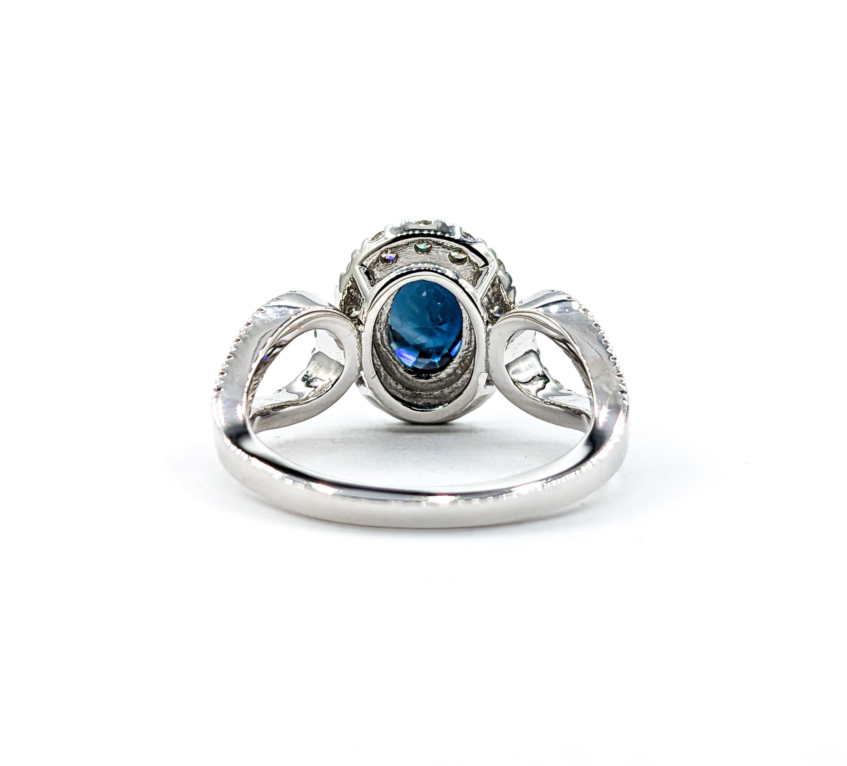 2.06ct Oval Blue Sapphire & Diamond Halo Ring In White Gold For Sale 2