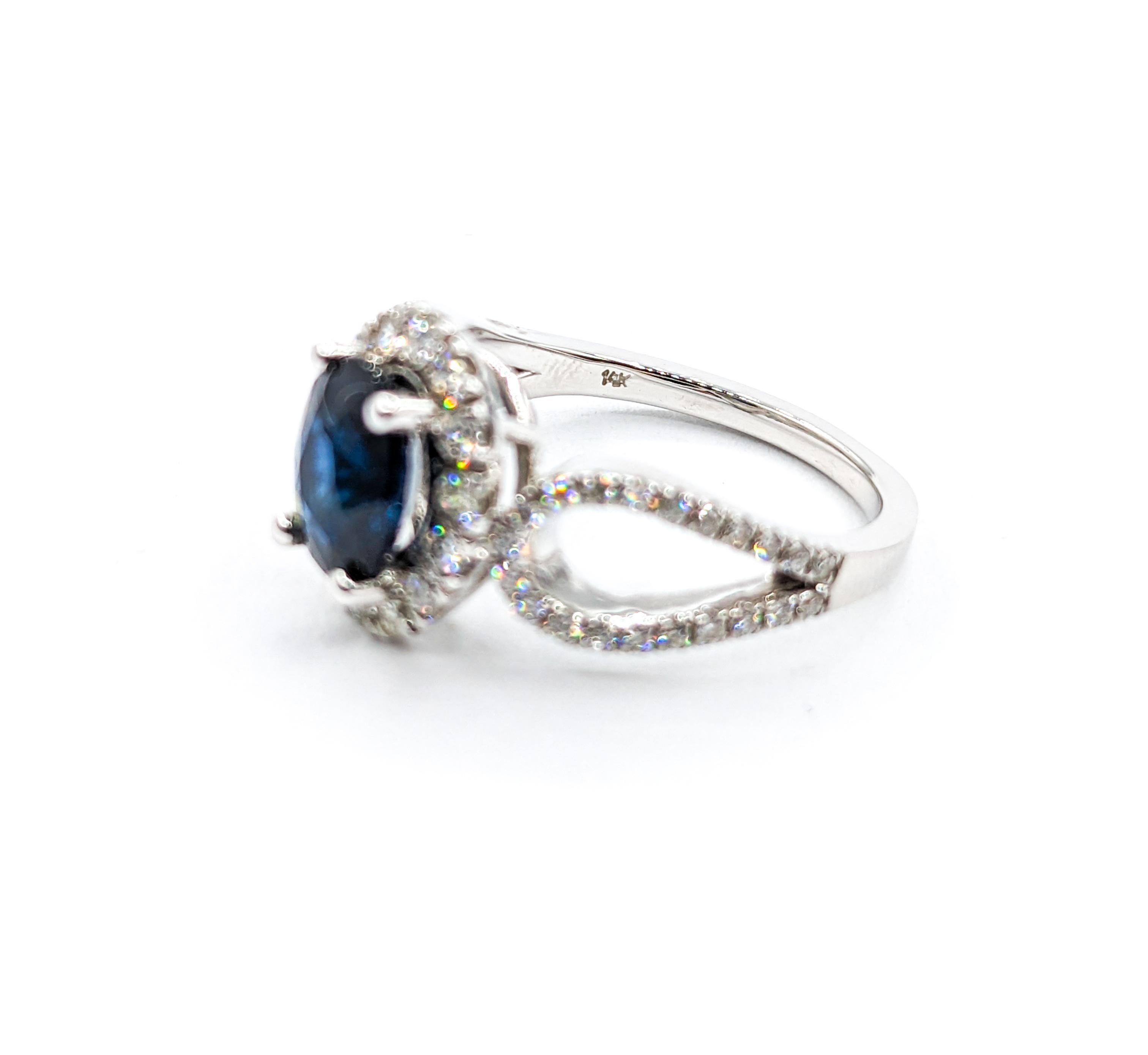 2.06ct Oval Blue Sapphire & Diamond Halo Ring In White Gold For Sale 3