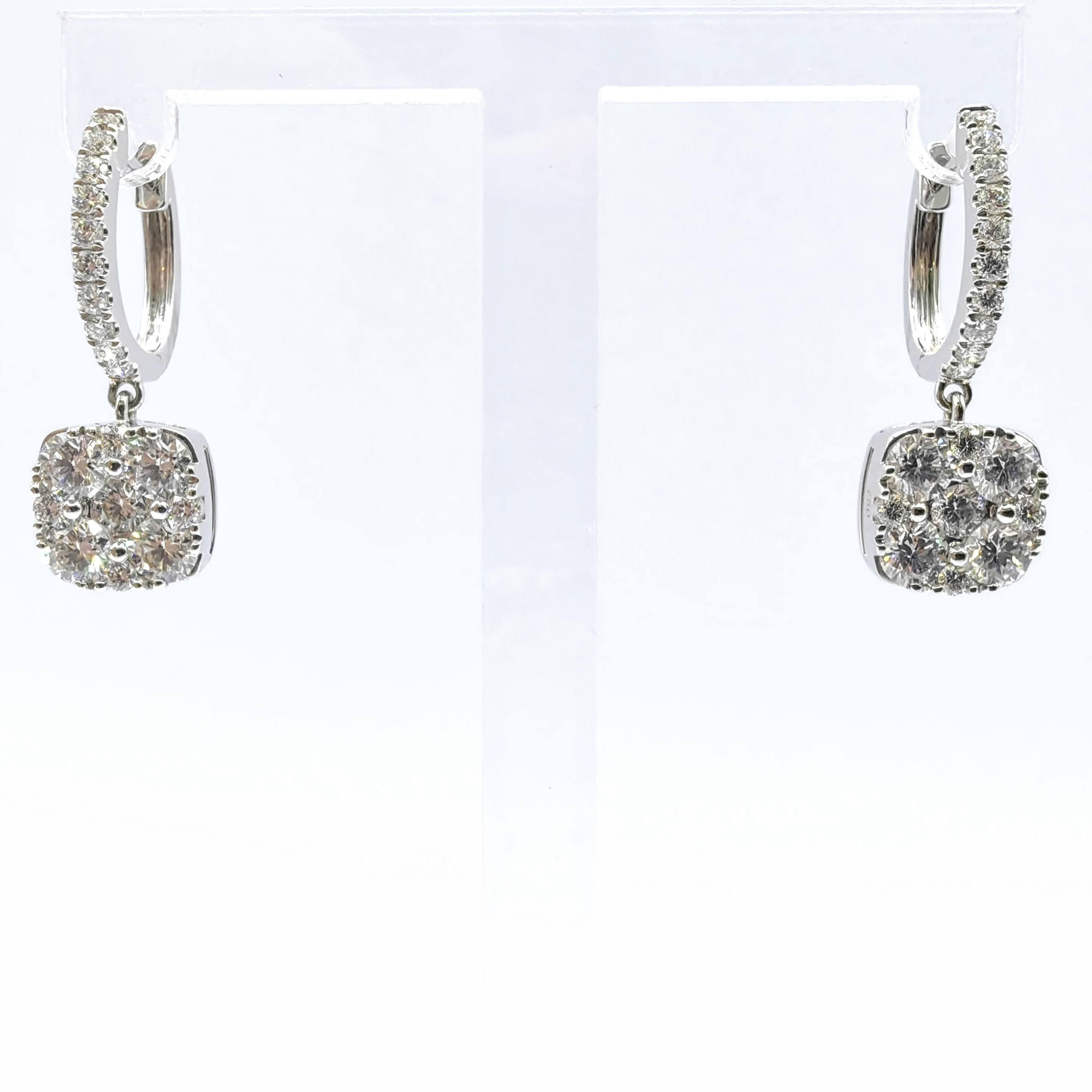 Elevate your elegance with these dazzling Cushion Cluster Illusion Diamond Drop Earrings, crafted in luminous 18K white gold. Measuring approximately 0.98 inches (25.0mm) in total drop length, each earring features a captivating cushion-shaped drop
