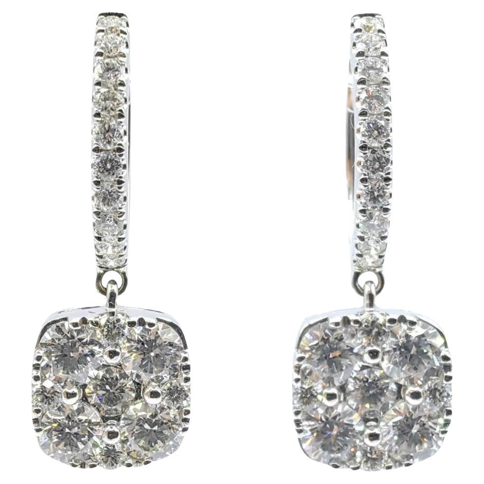 2.06ct Cushion Cluster Illusion Diamond Drop Earrings in 18K White Gold