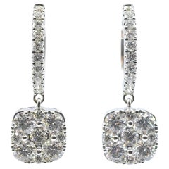 Boucles d'oreilles pendantes sur mesure en or blanc 14 carats avec coussin de diamants en forme d'illusion