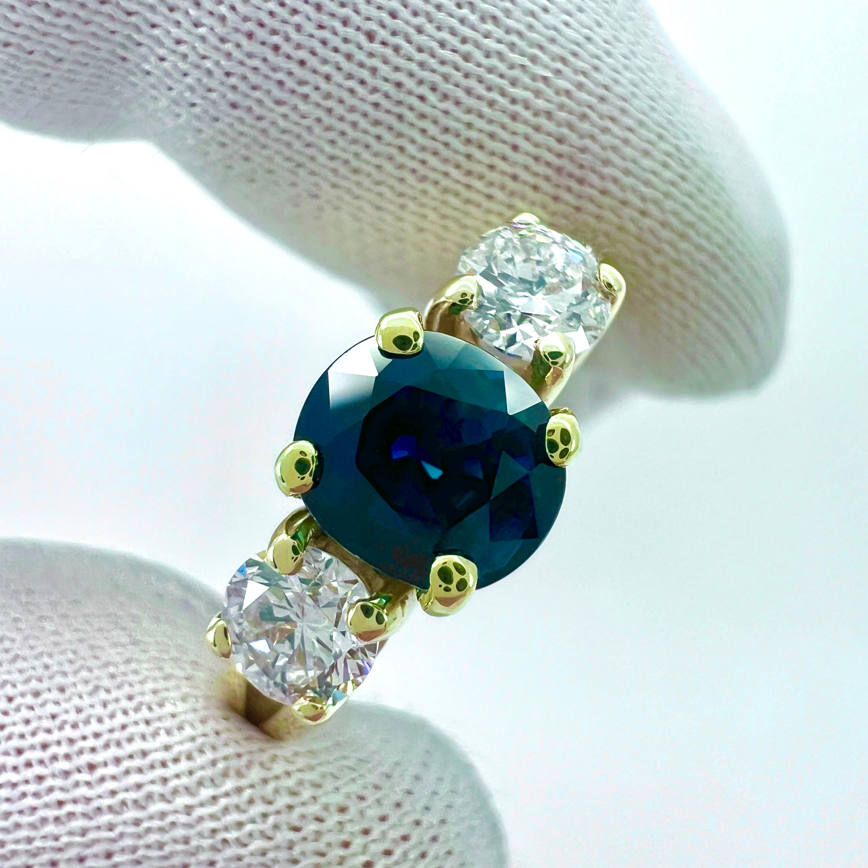 2.06ct GIA Certified Deep Blue Sapphire & Diamond Yellow Gold Three Stone Ring For Sale 5