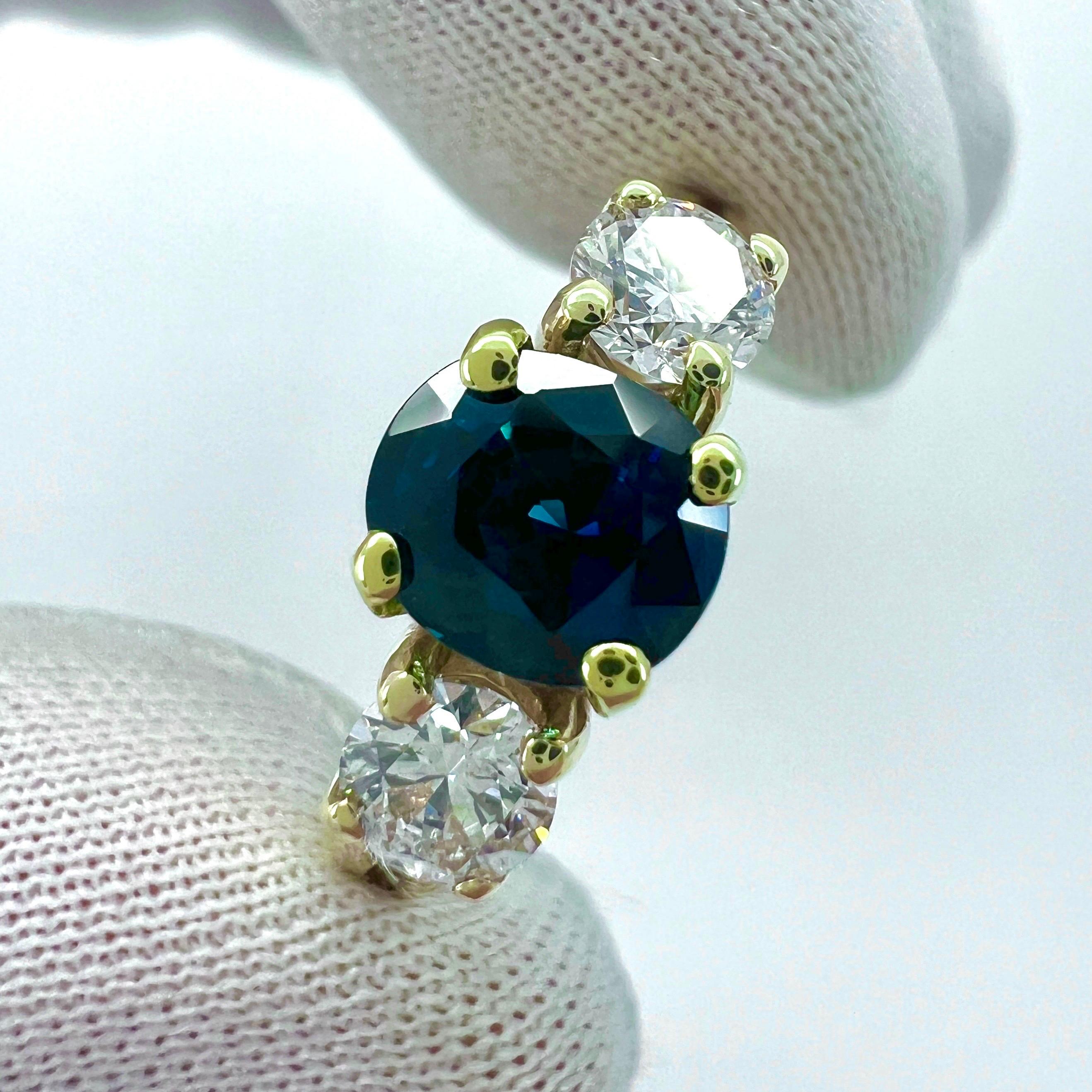 2.06ct GIA Certified Deep Blue Sapphire & Diamond Yellow Gold Three Stone Ring For Sale 6