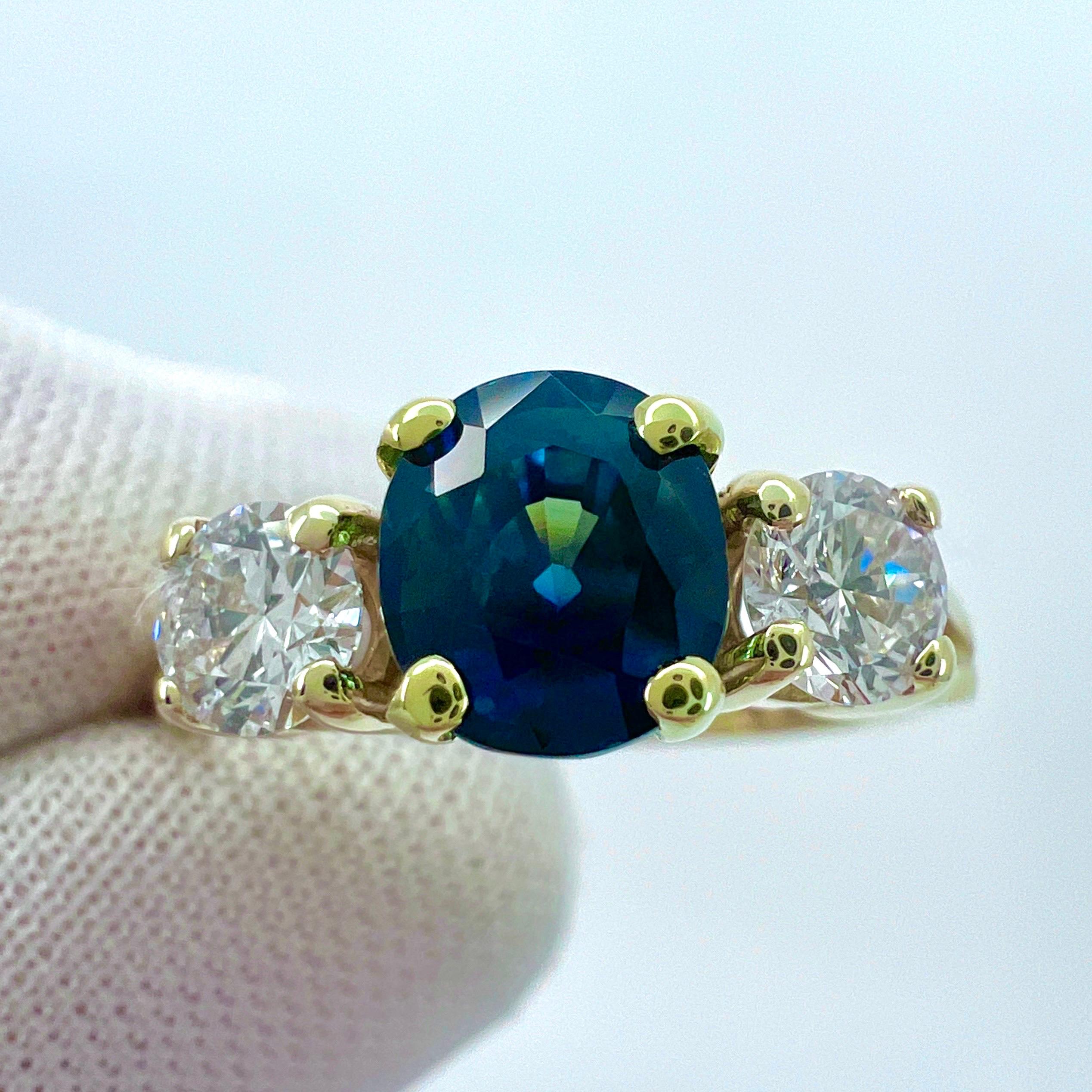 Women's or Men's 2.06ct GIA Certified Deep Blue Sapphire & Diamond Yellow Gold Three Stone Ring For Sale