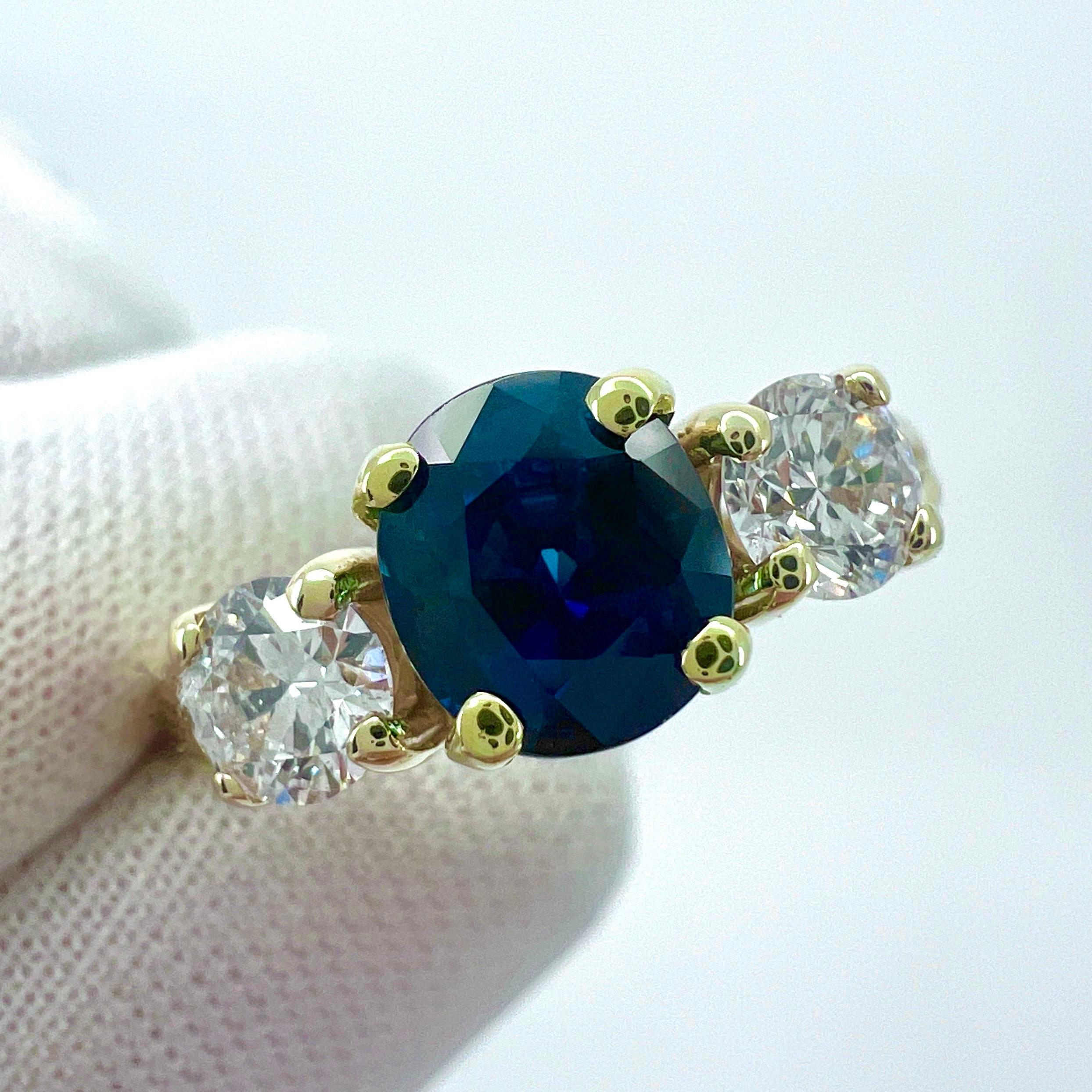 2.06ct GIA Certified Deep Blue Sapphire & Diamond Yellow Gold Three Stone Ring For Sale 1