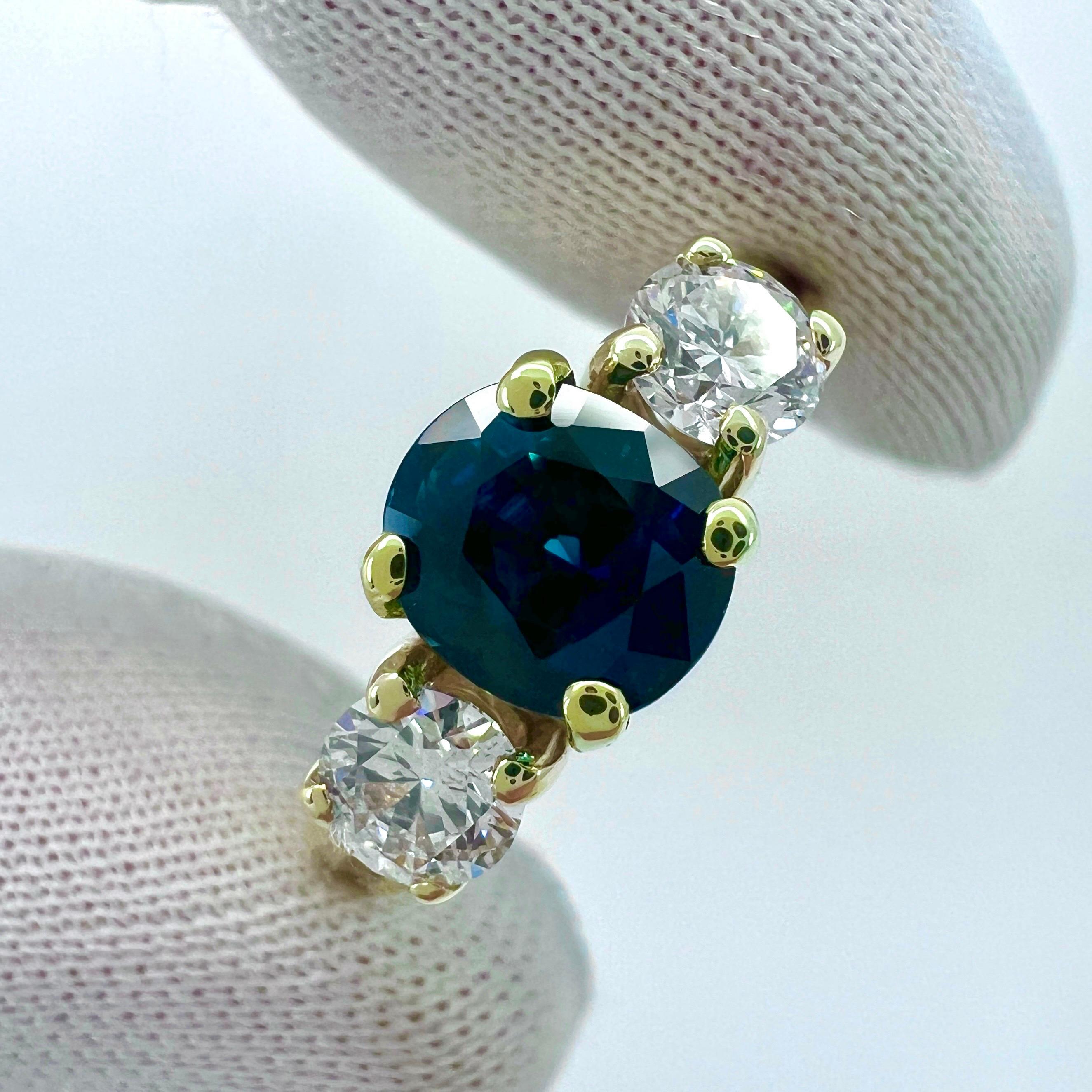 2.06ct GIA Certified Deep Blue Sapphire & Diamond Yellow Gold Three Stone Ring For Sale 2